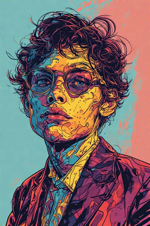 Bold Pop Art Comic Wallpaper 壁紙 — 一個戴眼鏡和捲髮人物的風格化肖像，以鮮豔的霓虹色彩呈現在分為青綠色和珊瑚色的背景上。