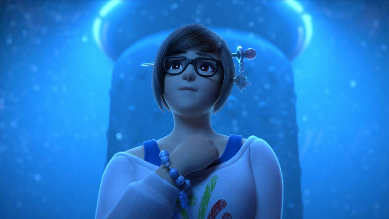Overwatch Mei 桌布 壁紙 — 一個戴眼鏡和星星髮夾的年輕女孩在發光的藍色水下場景中向上凝視。