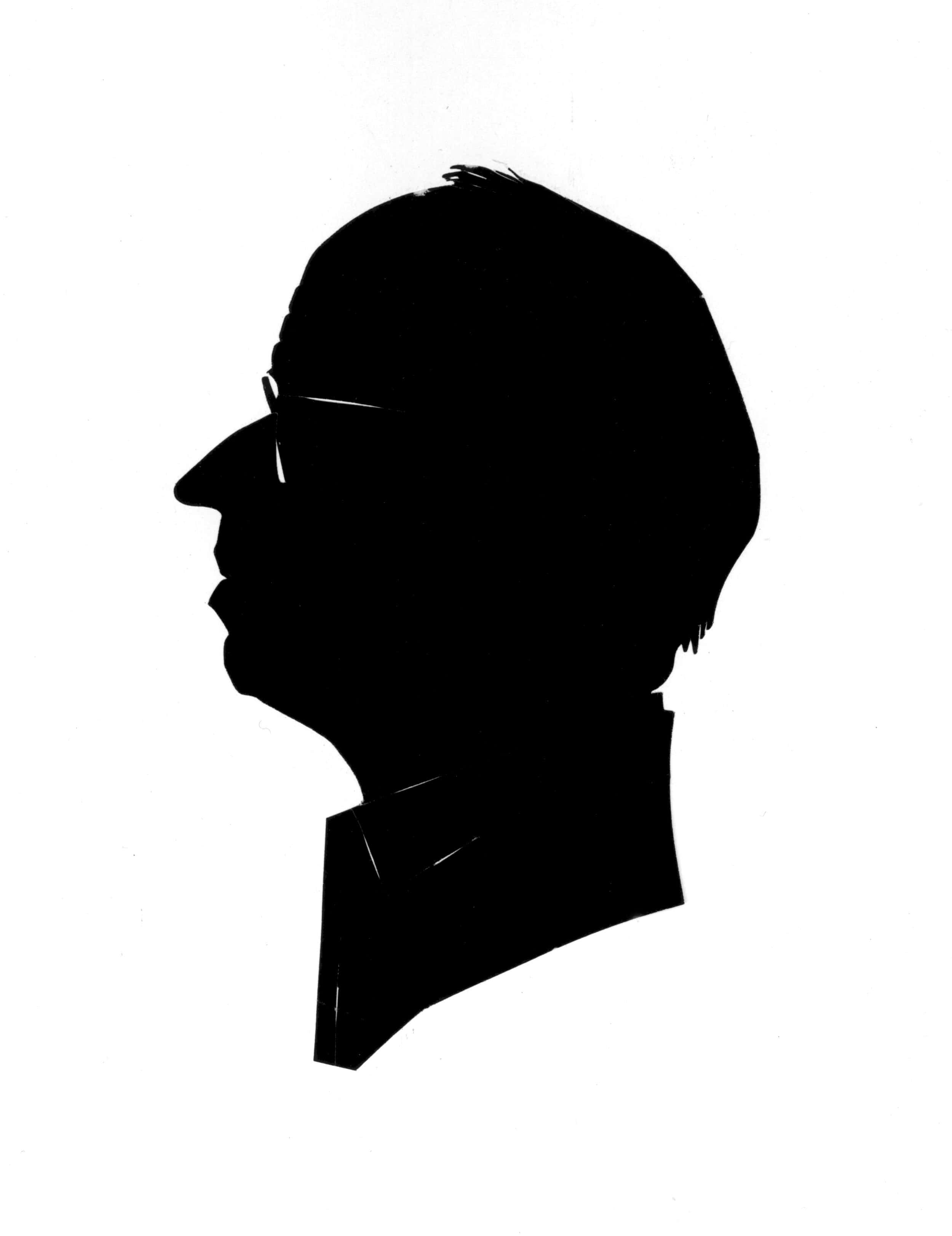 Silhouette 桌布 壁紙 — 一個戴眼鏡和穿有領襯衫的男性側面剪影，在純白色背景上呈現鮮明的黑色。
