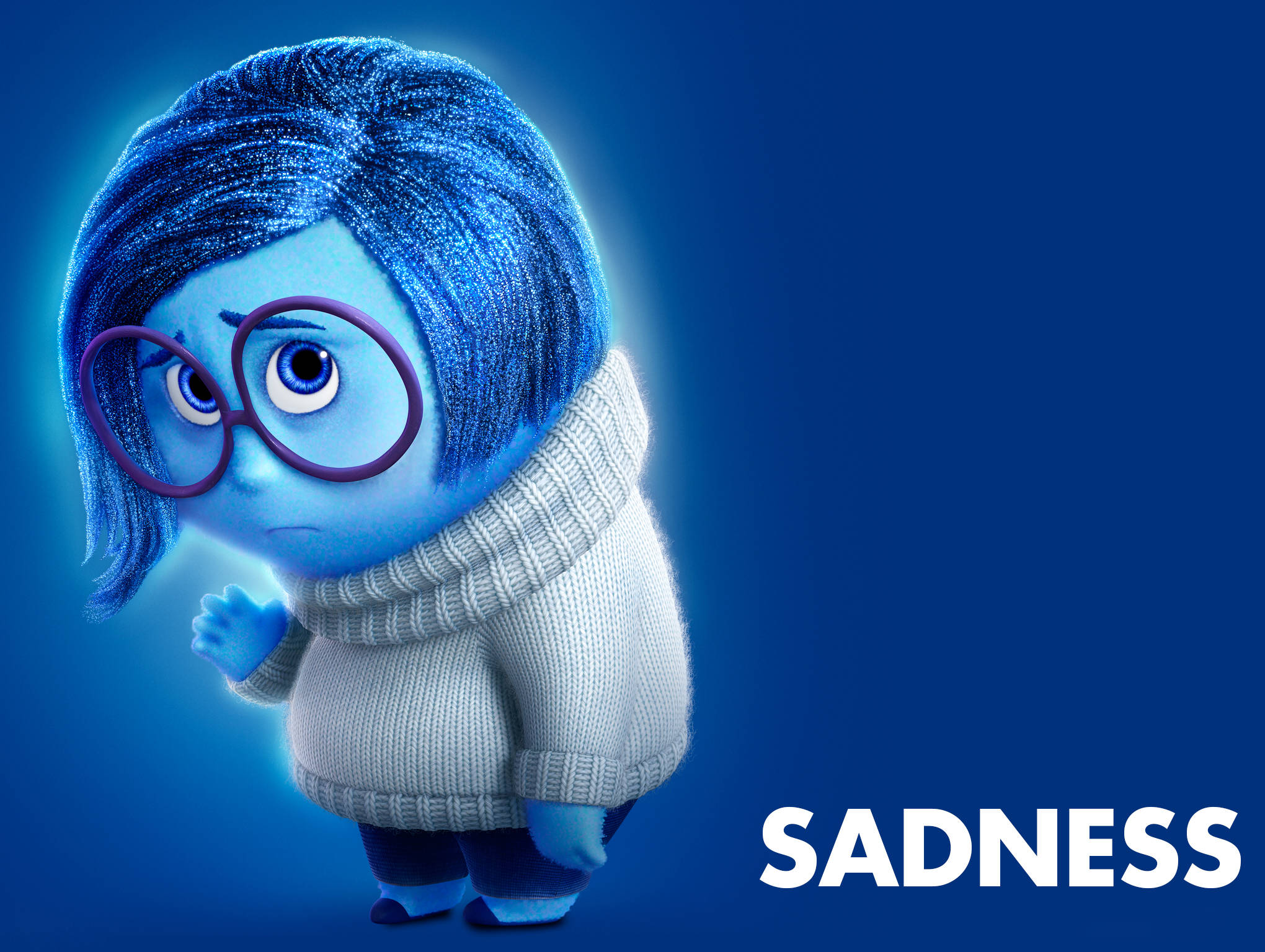 sadness 桌布 壁紙 — 一個戴眼鏡和穿針織毛衣的藍色動畫角色，在純藍色背景前顯得沮喪。