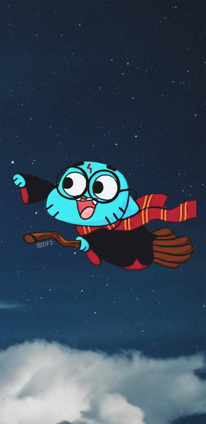 Gumball Aesthetic 桌布 壁紙 — 一個戴眼鏡和紅色圍巾的藍色卡通角色，開心地騎著掃帚飛過滿天星斗的夜空，下方是蓬鬆的雲朵。