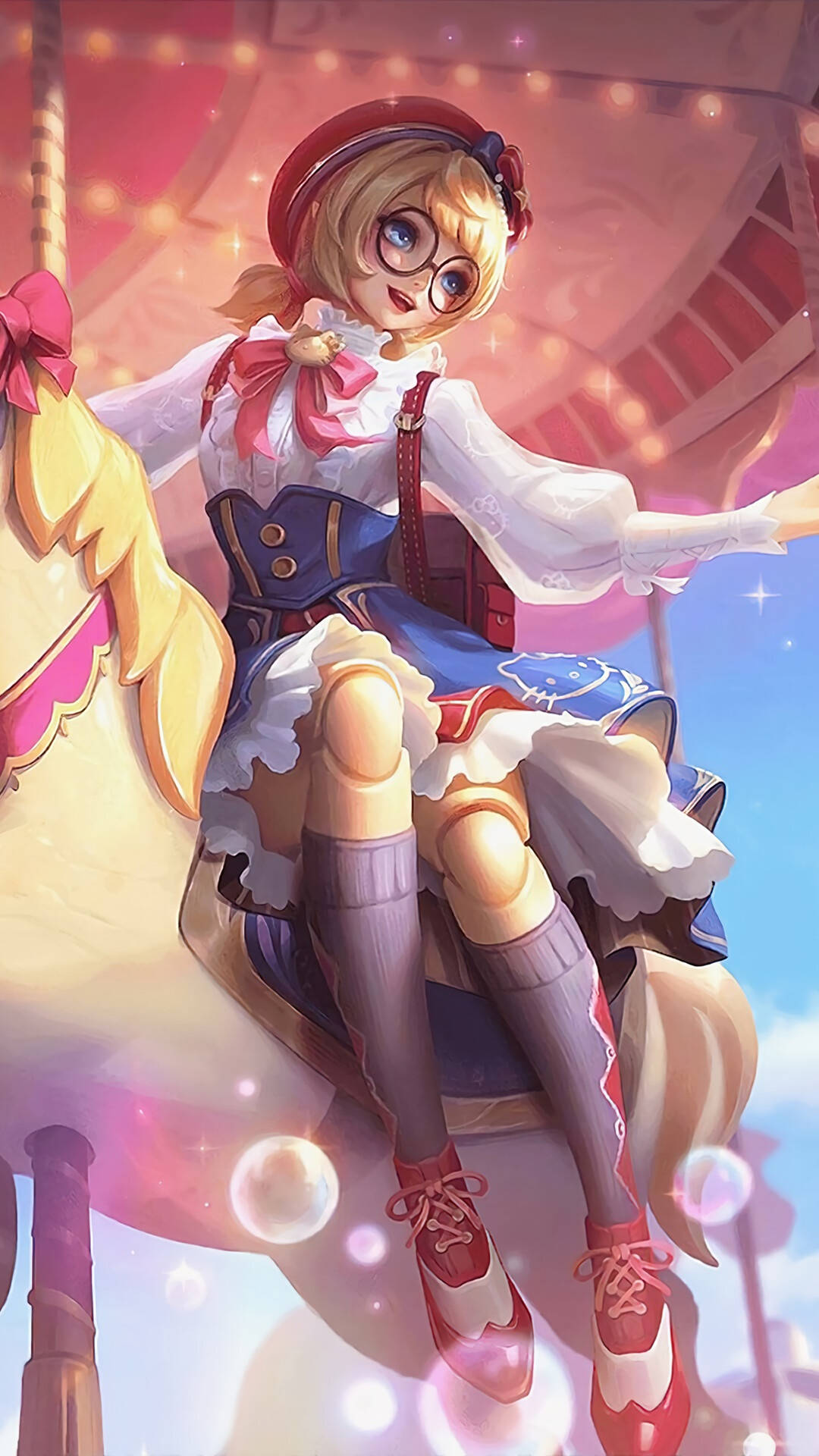 戴眼鏡的動漫女孩在魔法般的環境中騎著旋轉木馬。 — Mobile Legends 動態圖 壁紙