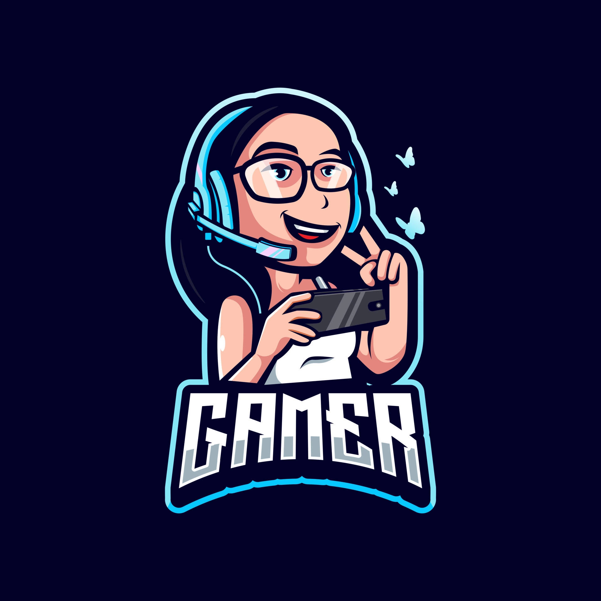 Gamer Logo 桌布 壁紙 — 一個戴眼鏡和耳機的開心卡通電玩女孩，微笑著拿著一支手機，附近有蝴蝶飛舞。