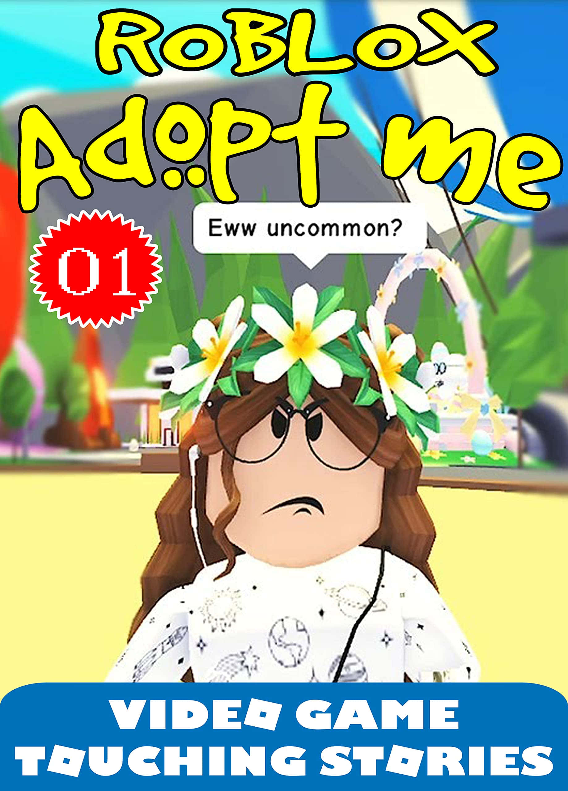 Adopt Me Pets 桌布 壁紙 — 一個戴眼鏡和花冠的Roblox角色在色彩繽紛的遊戲場景中拿著籃子，看起來很惱火。