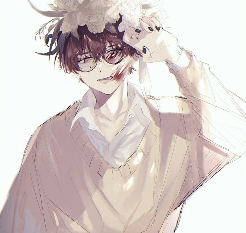 動漫男孩 桌布 壁紙 — 一個戴眼鏡和花冠的年輕動漫男孩，輕輕地將臉貼在明亮的白色背景上。