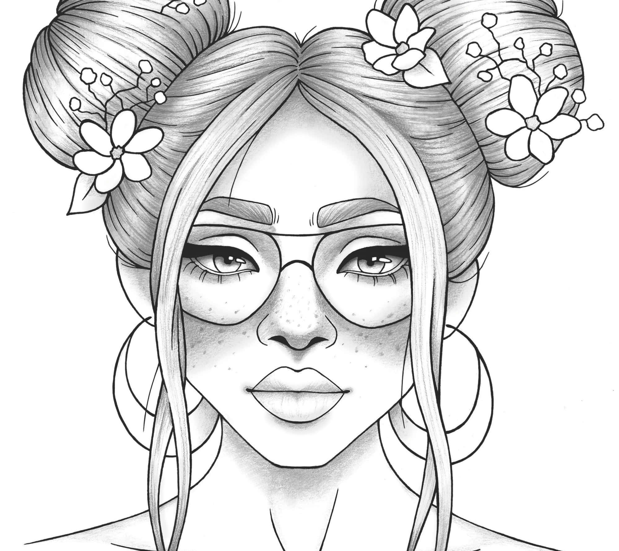 coloring 桌布 壁紙 — 一個戴眼鏡和花卉髮髻的女性的詳細黑白插圖。