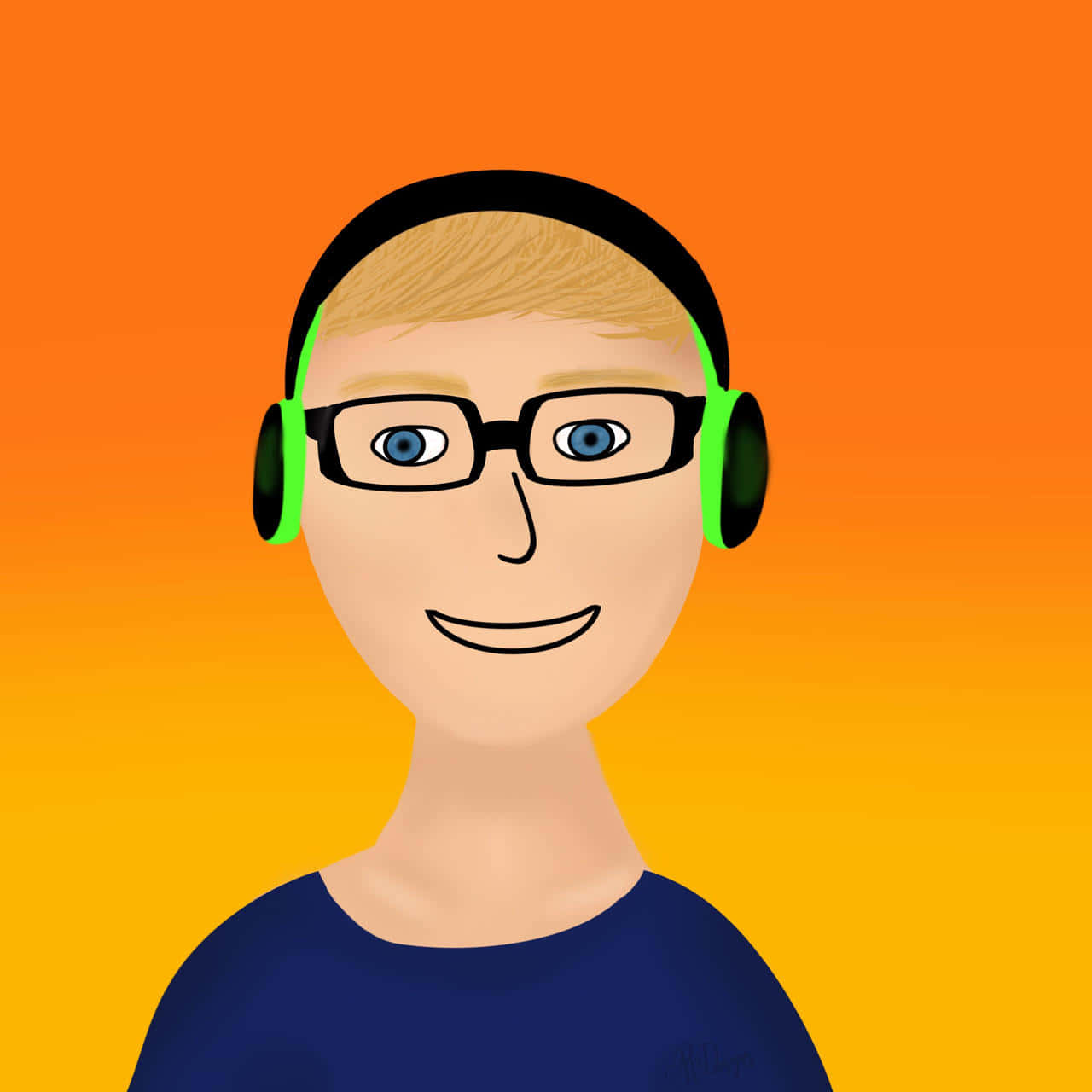 Discord 桌布 壁紙 — 一個戴眼鏡和螢光綠色耳機的卡通男人在溫暖的橙色漸變背景上微笑。