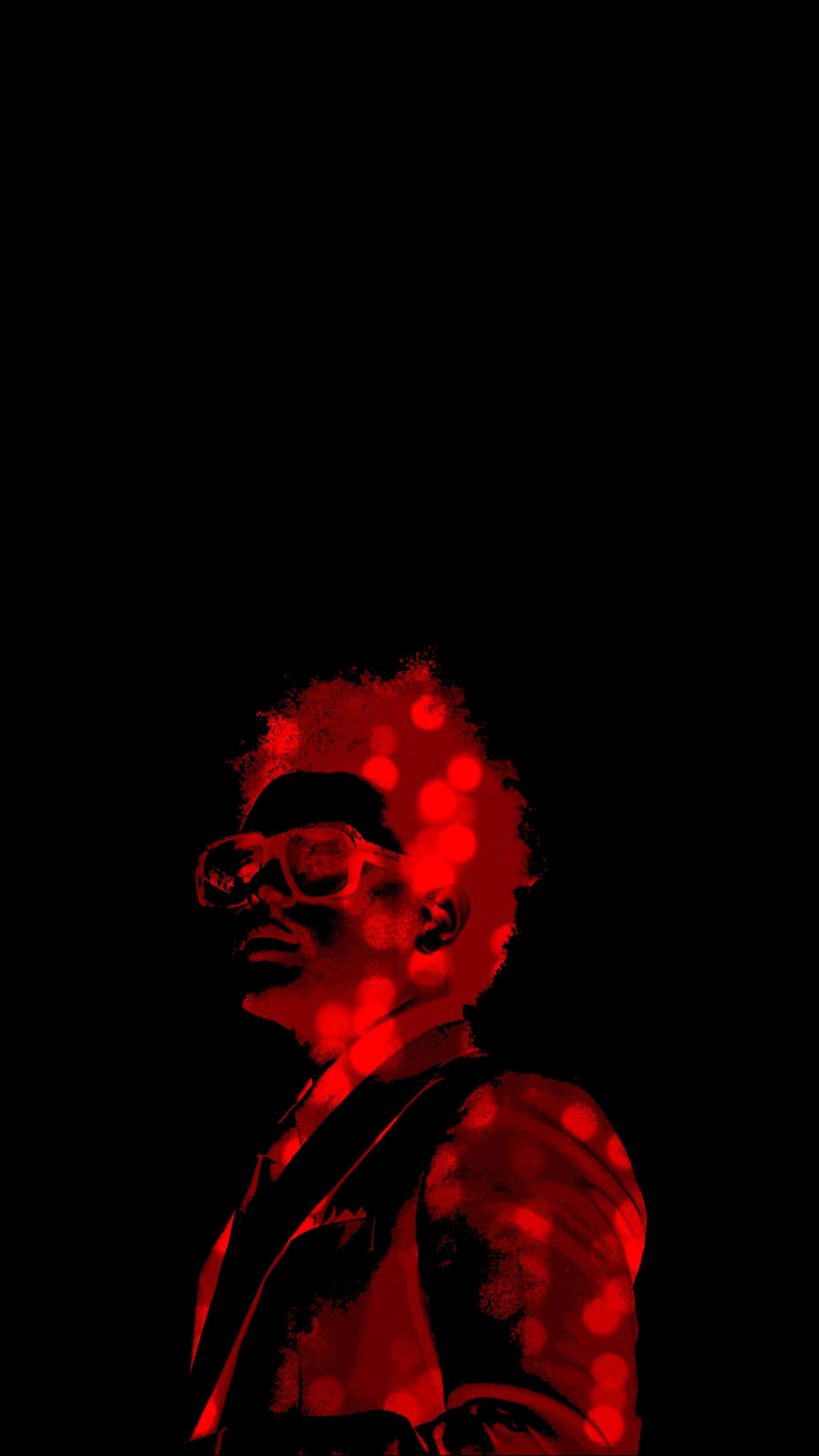 AMOLED 桌布 壁紙 — 一個戴眼鏡和西裝的人的風格化剪影，在黑色背景上發出紅光，帶有散景燈光。
