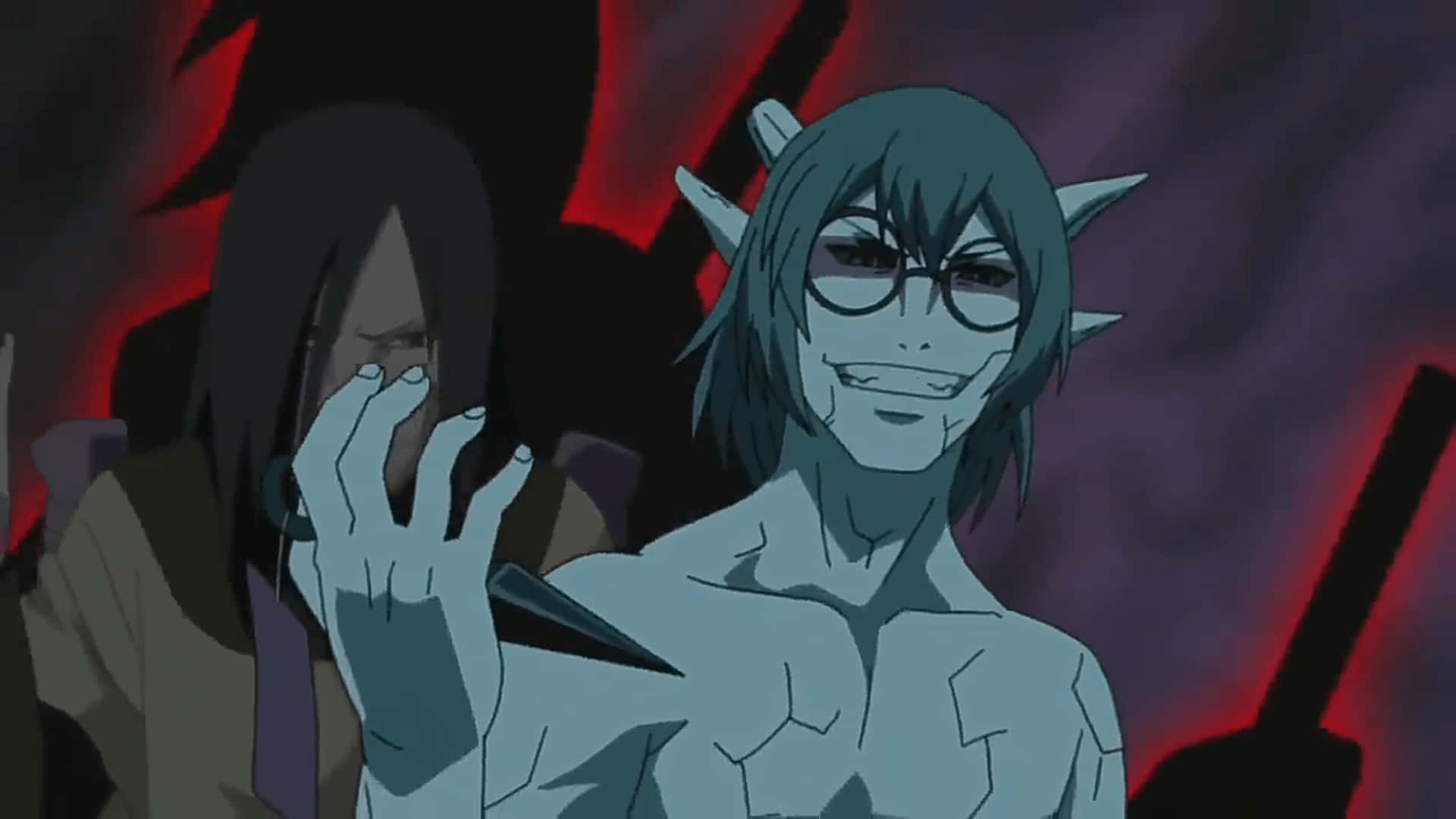 Kabuto Yakushi 桌布 壁紙 — 一個戴眼鏡和角的動漫角色在深紅色和黑色背景前邪惡地微笑。