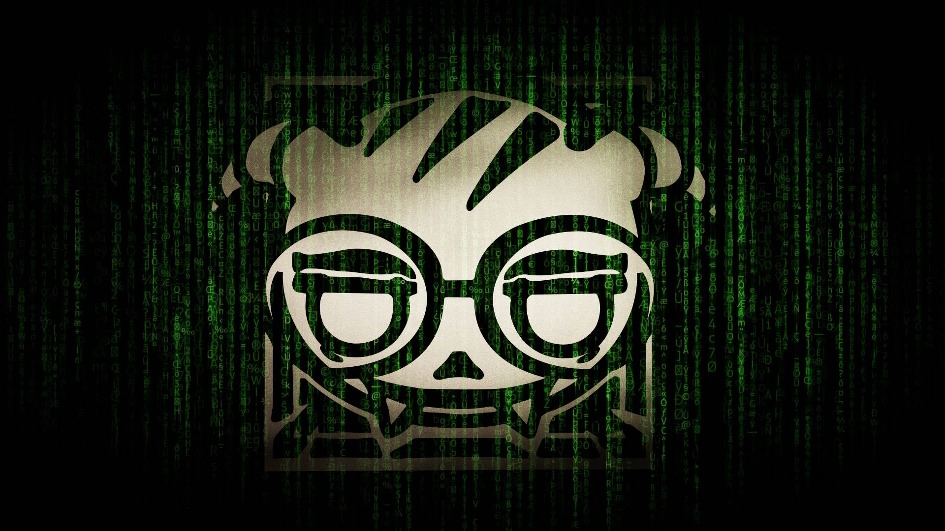 dokkaebi rainbow six siege 桌布 壁紙 — 一個戴眼鏡和角的白色的風格化卡通角色從黑色背景上落下的綠色數位代碼中浮現。