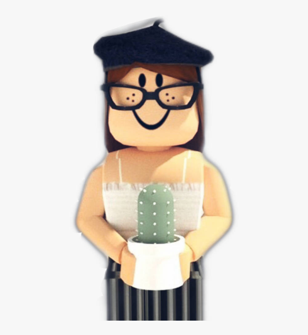 Roblox 桌布 壁紙 — 一個戴眼鏡和貝雷帽的 Roblox 風格頭像，在純色背景前拿著一盆仙人掌。