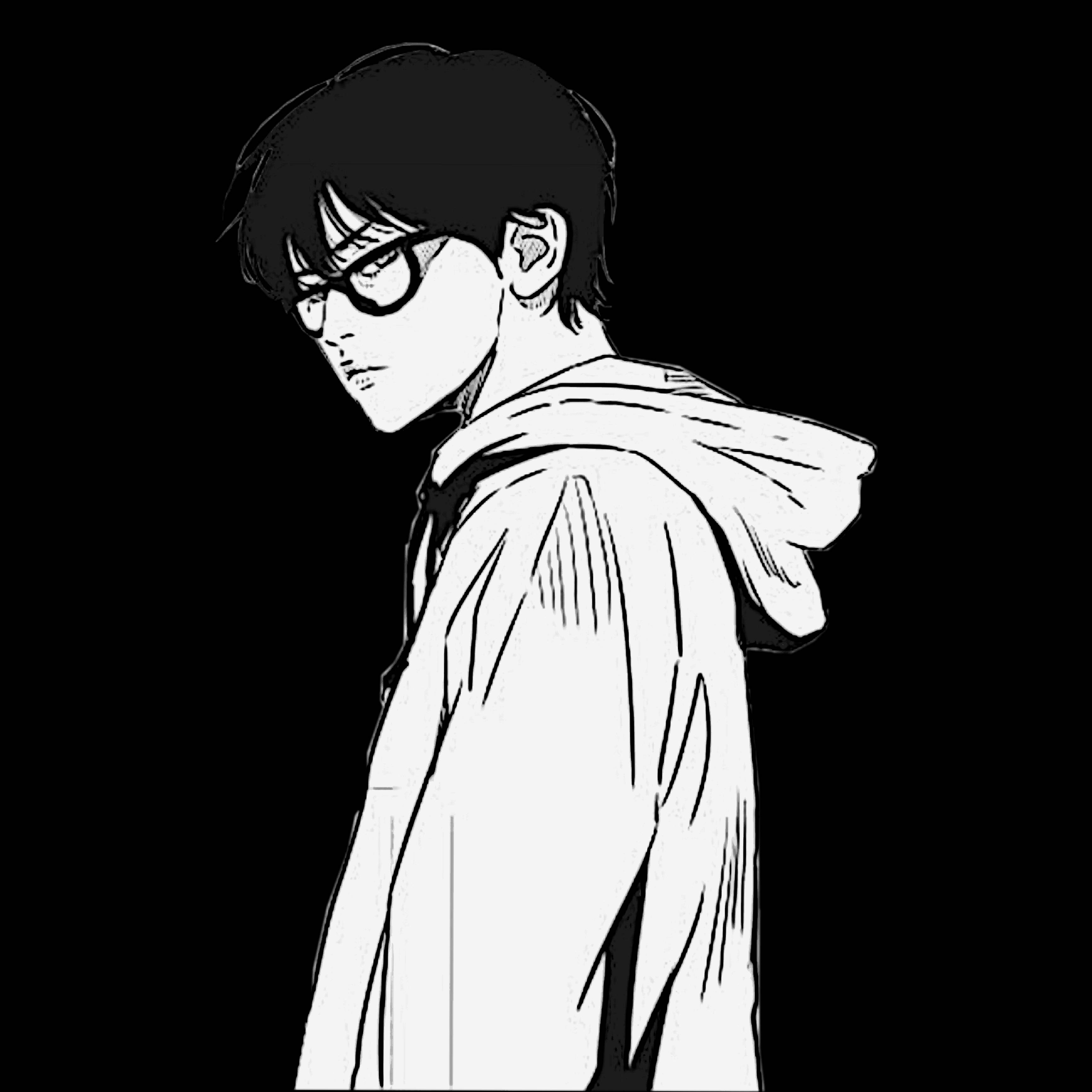 jay jo 桌布 壁紙 — 一個戴眼鏡和連帽衫的年輕男子的單色動漫風格肖像，稍微轉向，表情嚴肅，背景為純黑色。