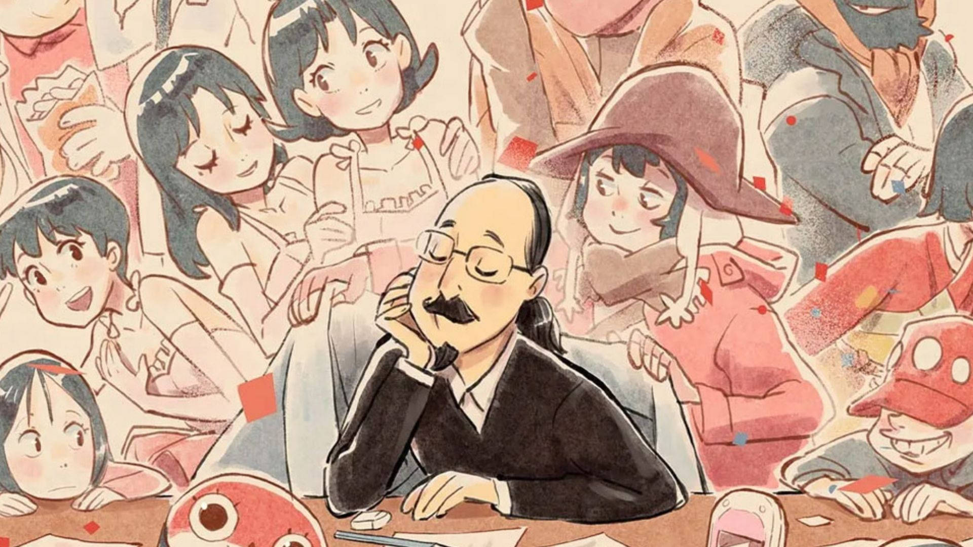 satoshi kon 桌布 壁紙 — 一個戴眼鏡和鬍子的男人坐在桌子旁，周圍是歡快的動漫風格兒童，溫暖的水彩插圖。
