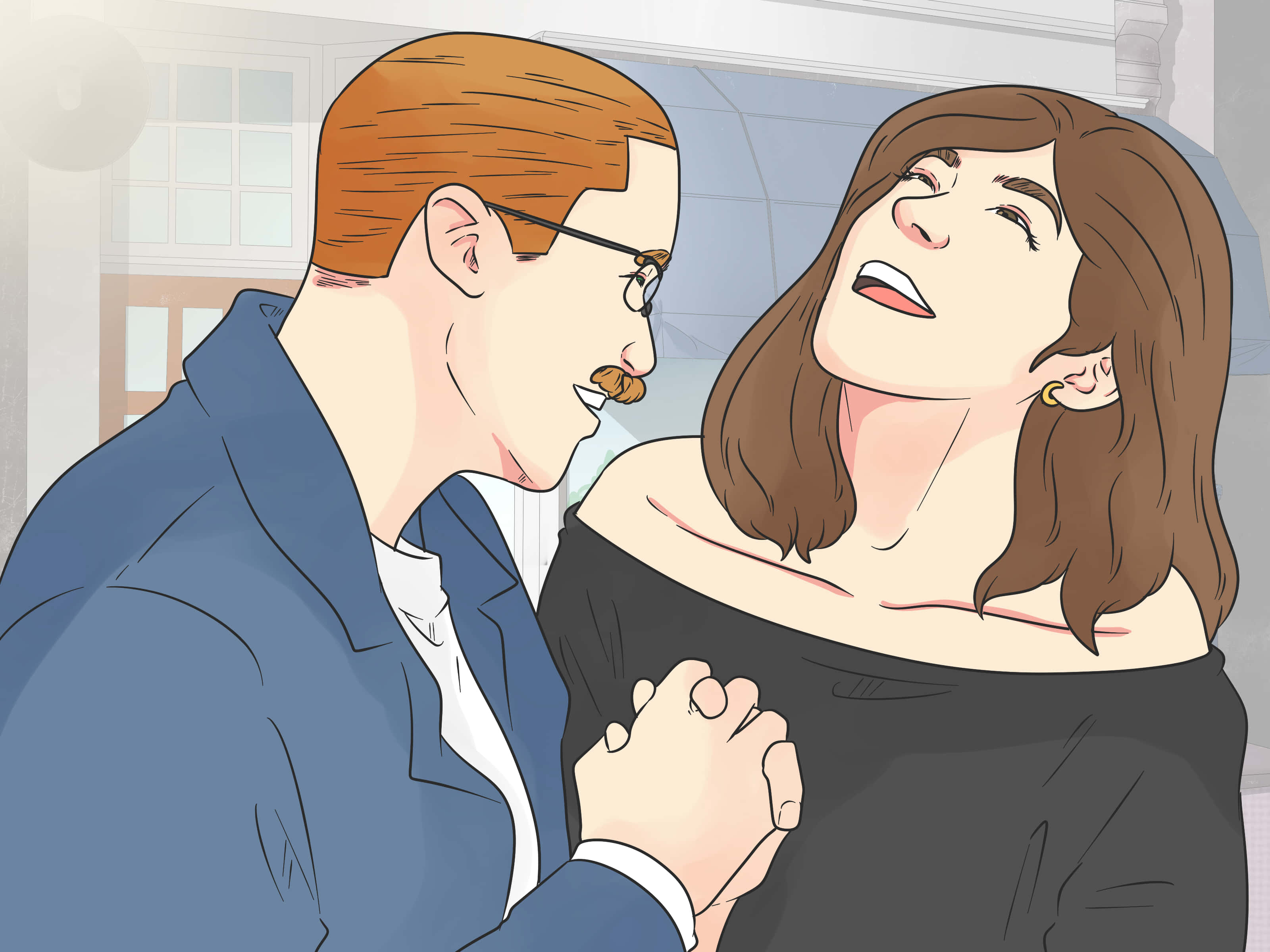 Cartoon 桌布 壁紙 — 一個戴眼鏡和鬍子的男人握著一個女人的手，她在溫暖燈光的室內環境中開心地笑著。