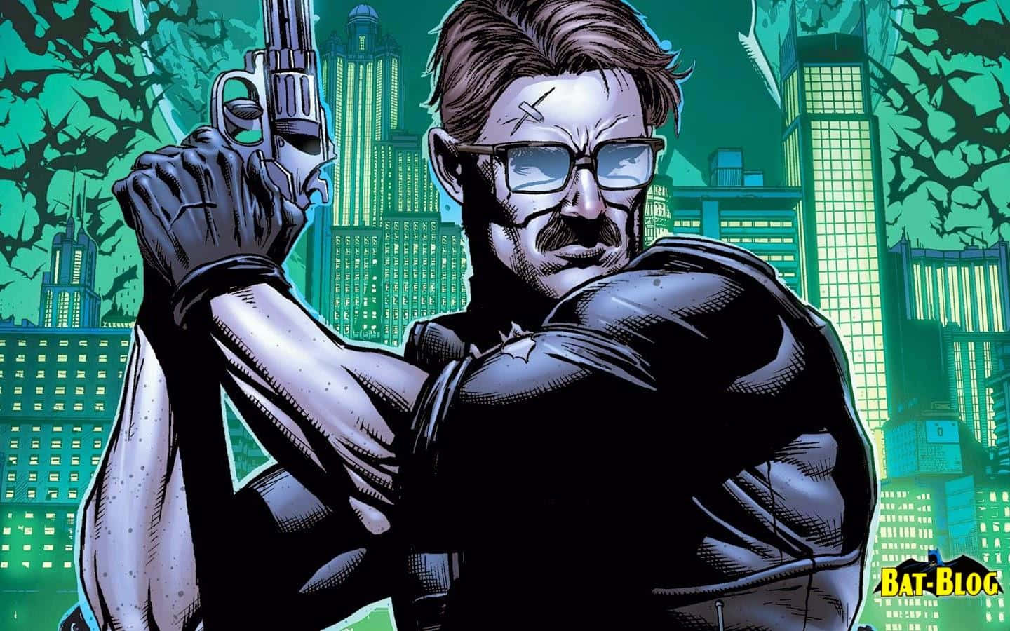Commissioner Gordon 桌布 壁紙 — 一個戴眼鏡和鬍子的粗獷漫畫英雄，用左輪手槍瞄準霓虹綠色的城市天際線。