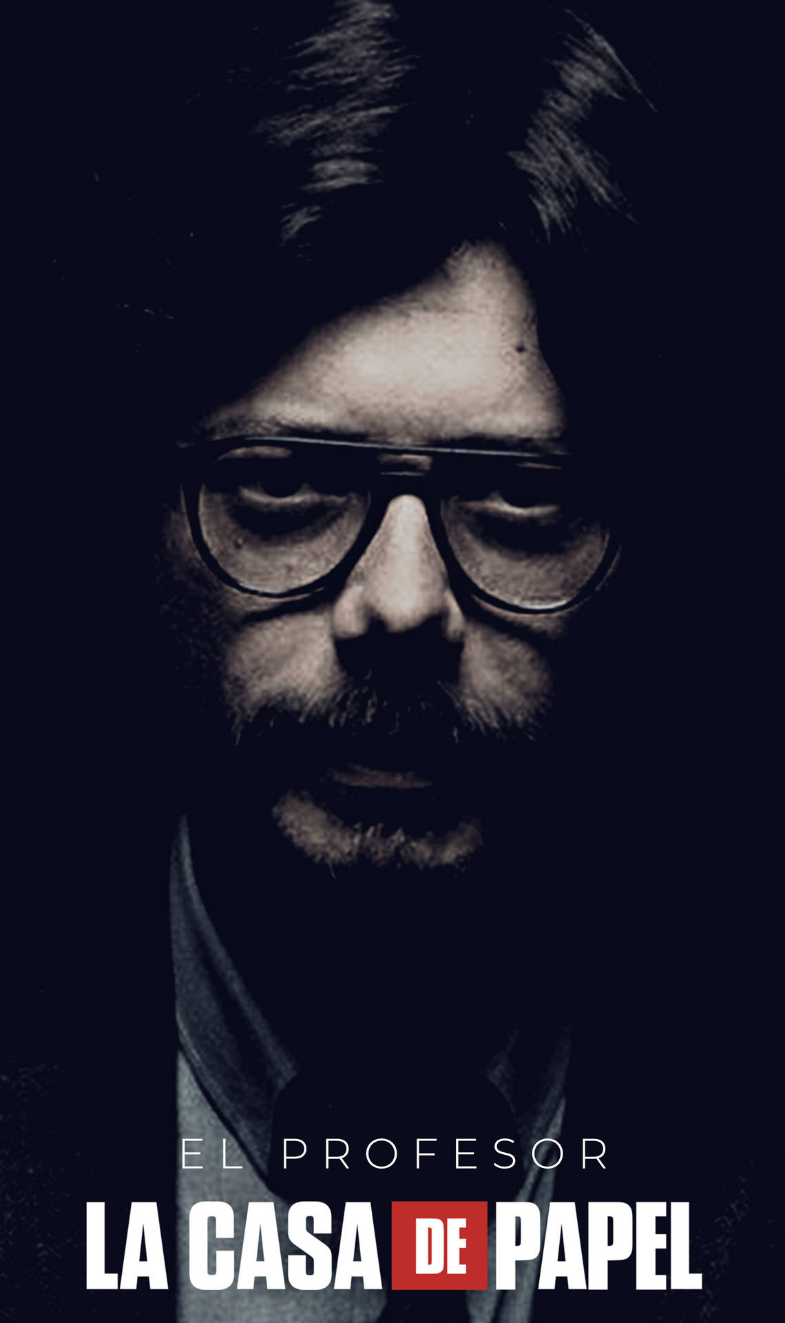 一個戴眼鏡和鬍鬚的男人在黑暗環境中，帶有文字 El Profesor La Casa de Papel。 — 紙房子 GIF 壁紙