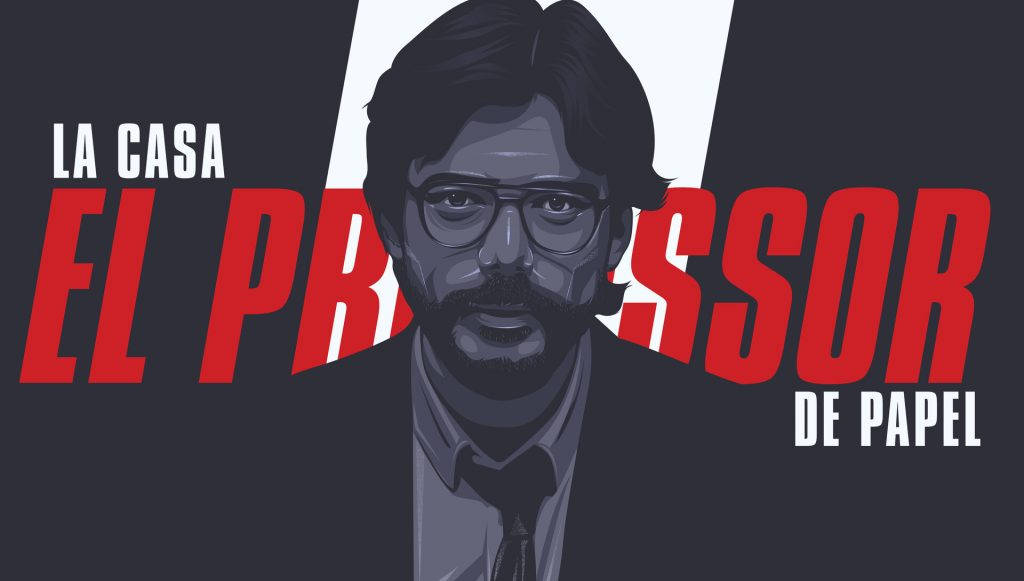 穿西裝戴眼鏡的男士，粗體紅色文字 La Casa El Profesor De Papel。 — 4K 壁紙