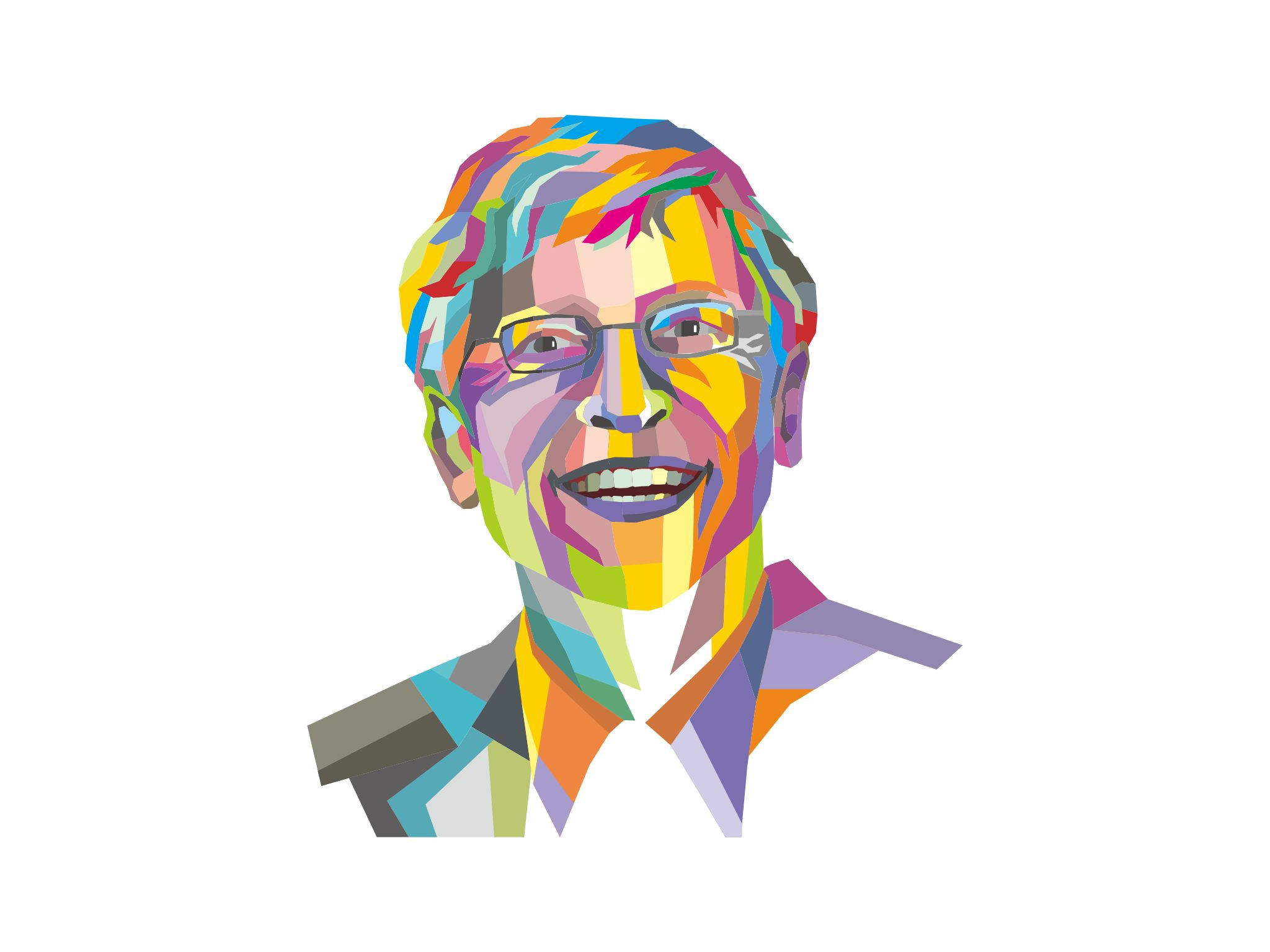 gates 桌布 壁紙 — 一個戴眼鏡微笑男士的充滿活力的幾何肖像，帶有彩色多邊形陰影。
