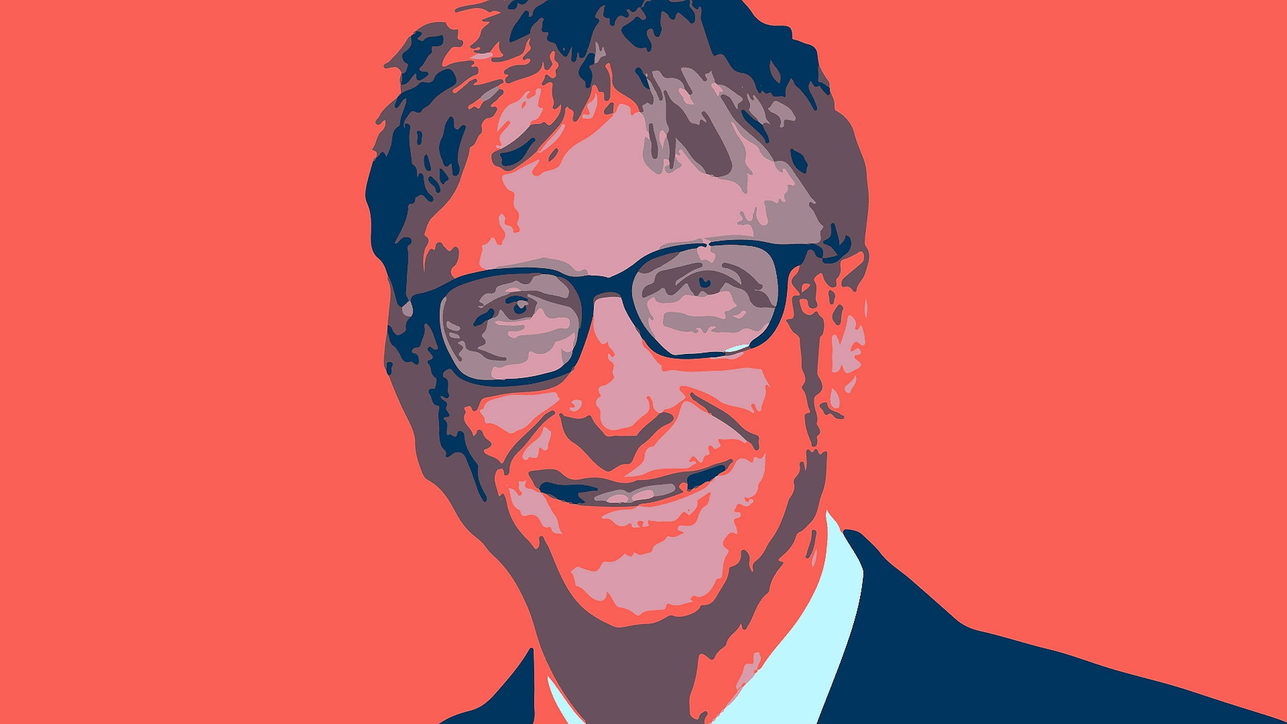 gates 桌布 壁紙 — 一個戴眼鏡微笑男士的風格化肖像，背景為純珊瑚色。