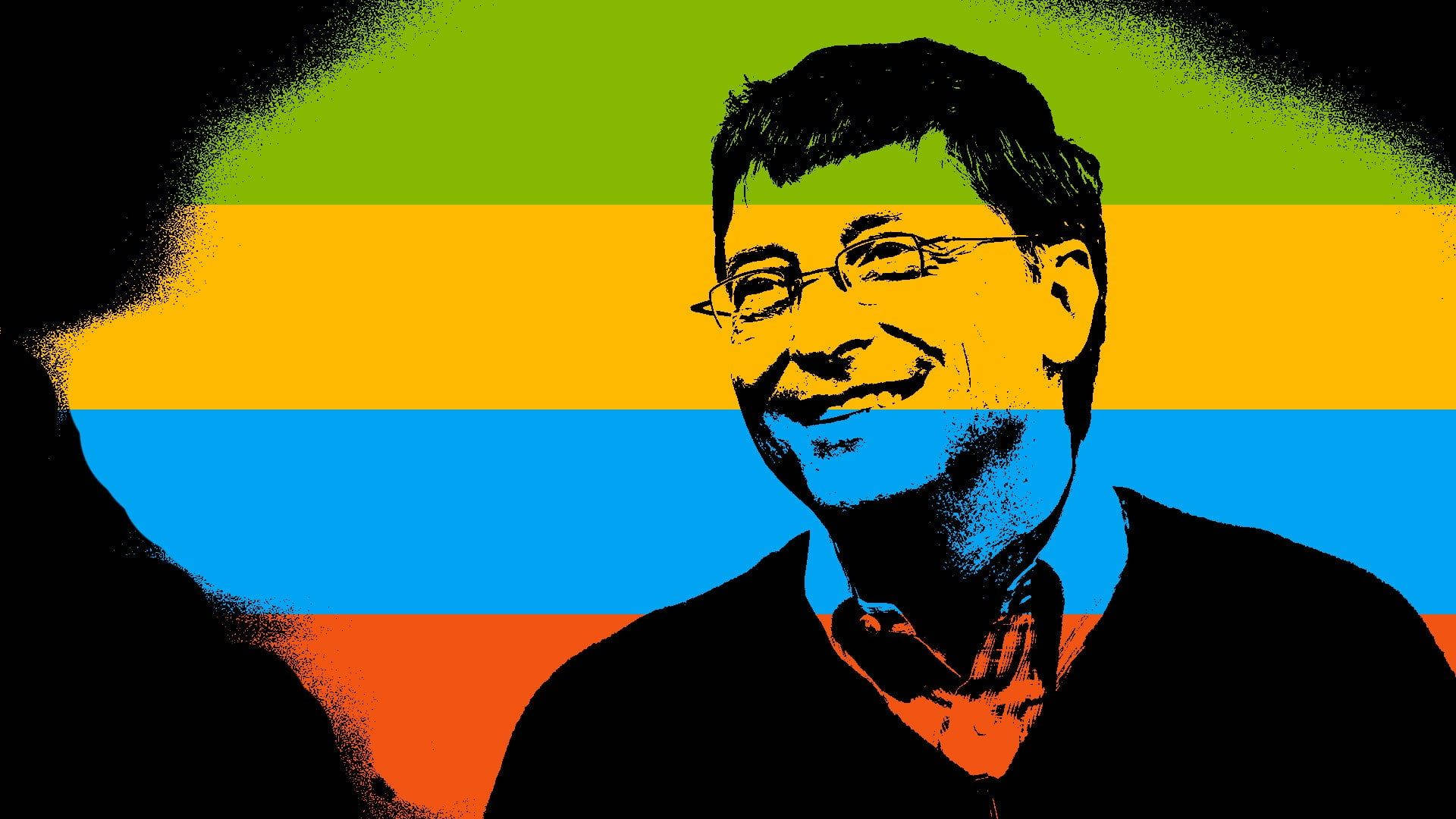 gates 桌布 壁紙 — 一個戴眼鏡微笑男士的風格化肖像，背景是充滿活力的綠色、黃色、藍色和橙色條紋。