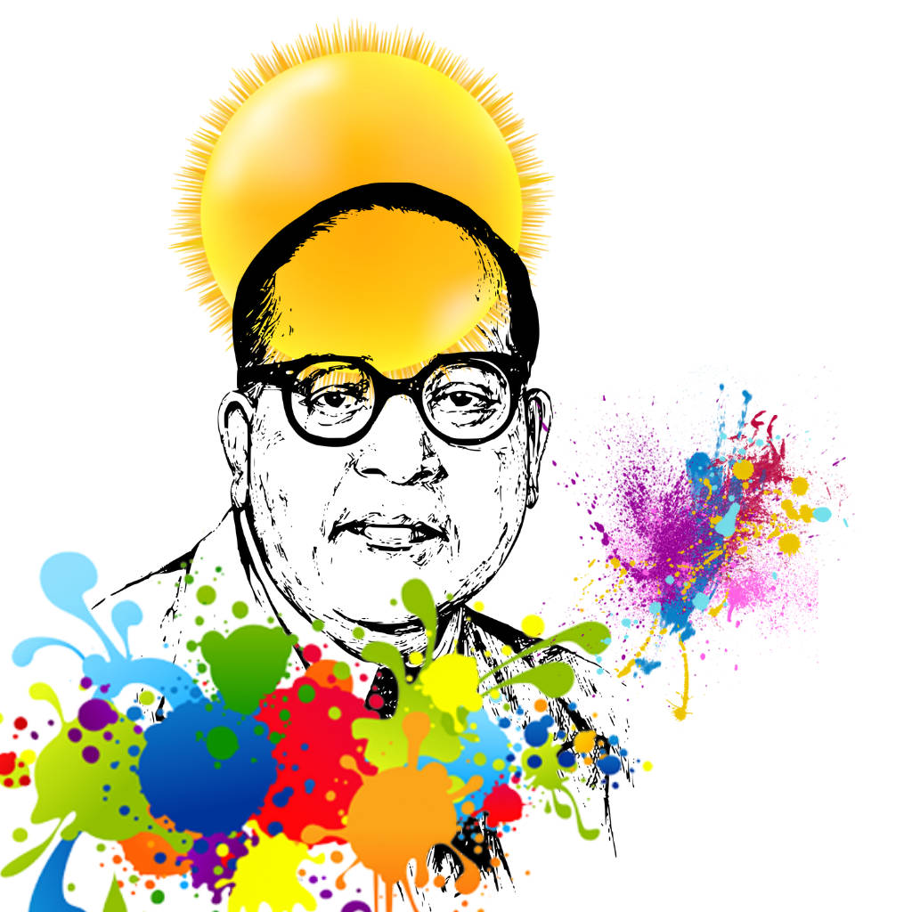 Ambedkar 桌布 壁紙 — 一個戴眼鏡男士的風格化黑白肖像，周圍環繞著鮮豔多彩的顏料飛濺和發光的太陽光環。