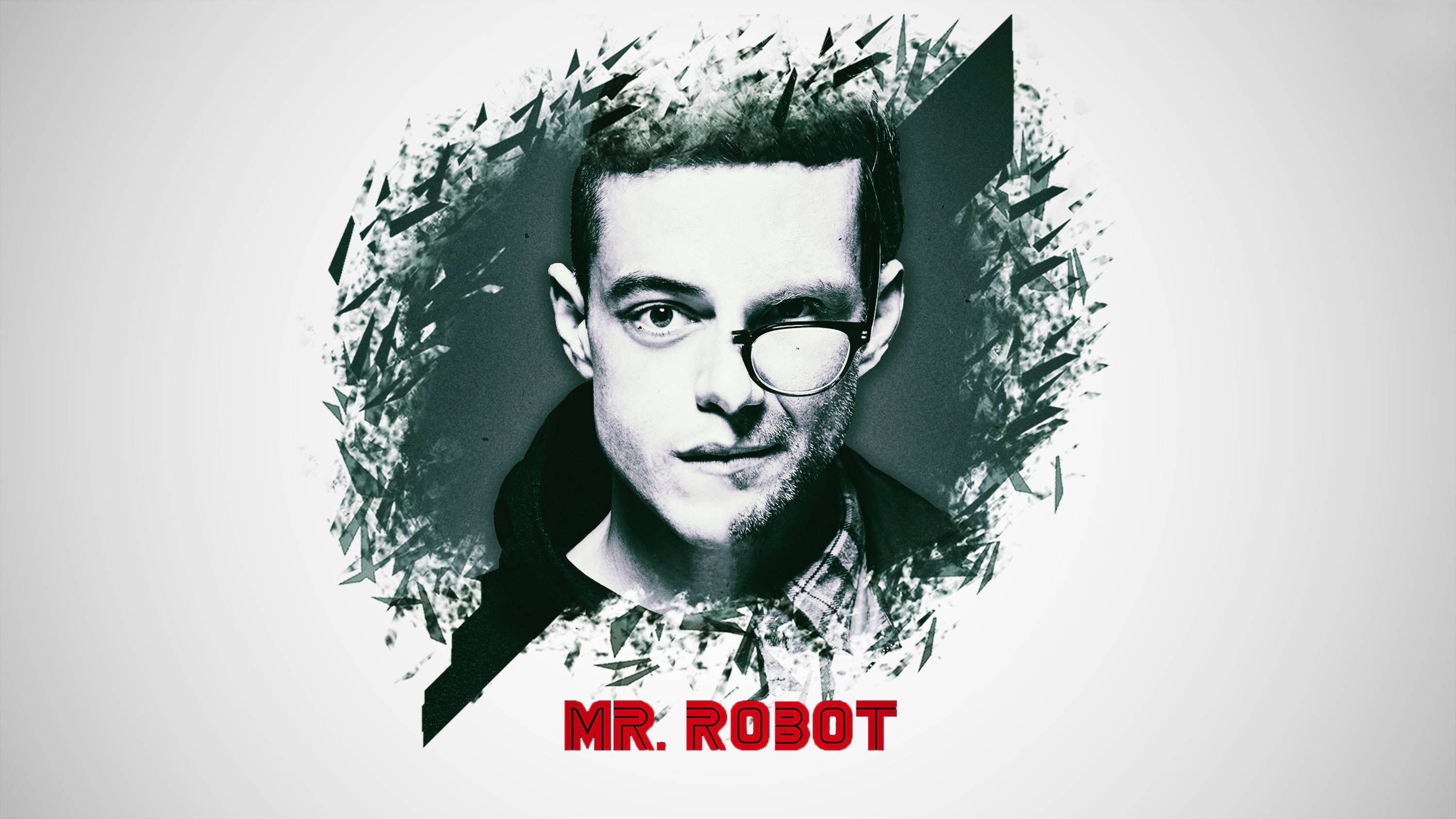 Mr Robot 桌布 壁紙 — 一個戴眼鏡男士的風格化黑白肖像，由破碎玻璃碎片框住，下方有紅色文字。