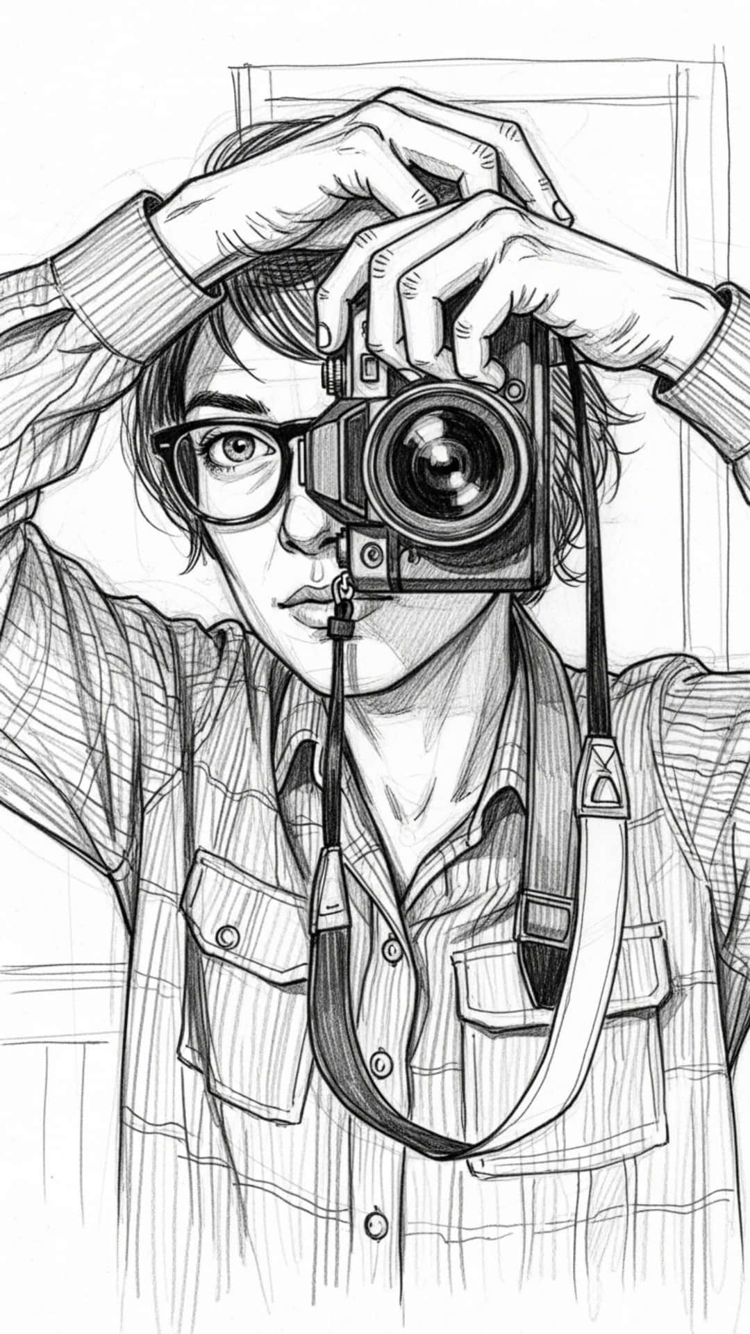 Camera Sketch with Vintage Lens and Leather Strap 壁紙 — 一個戴眼鏡的人將相機舉到面前擺出自拍姿勢的詳細鉛筆素描。