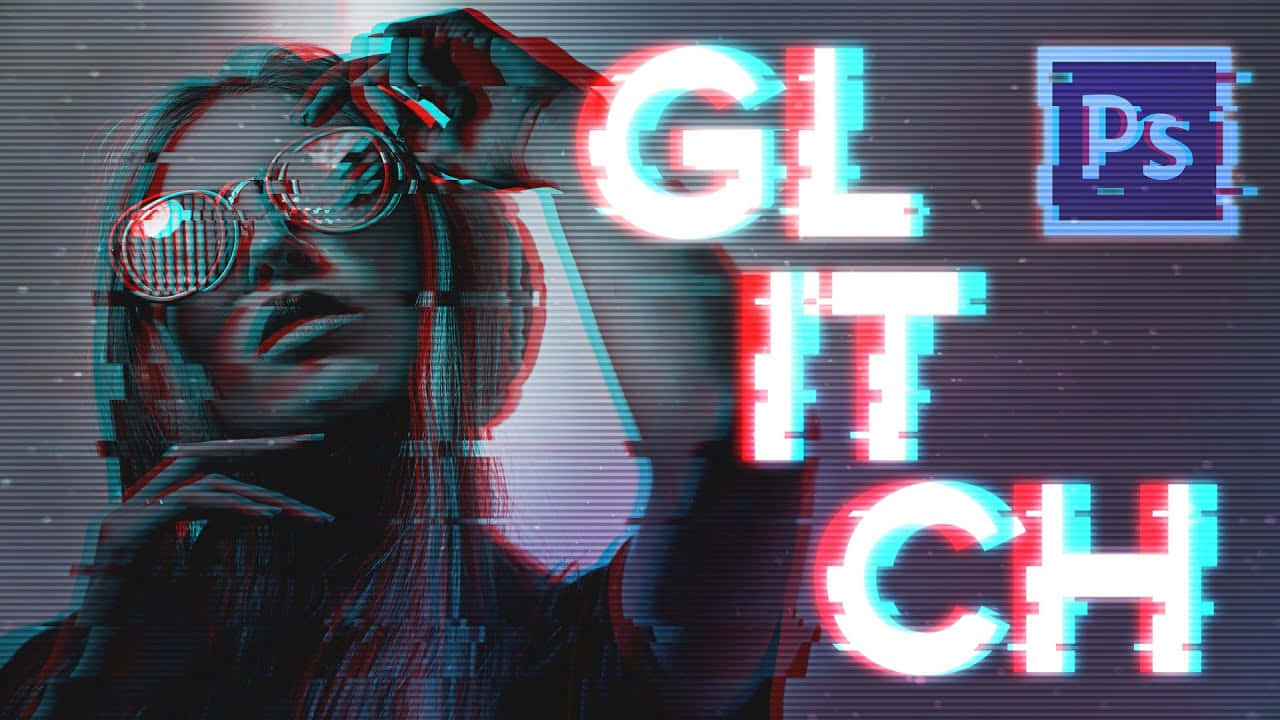 Glitch 桌布 壁紙 — 一個戴眼鏡的人物故障藝術肖像，帶有扭曲的「GLITCH」文字疊加在像素化背景上。