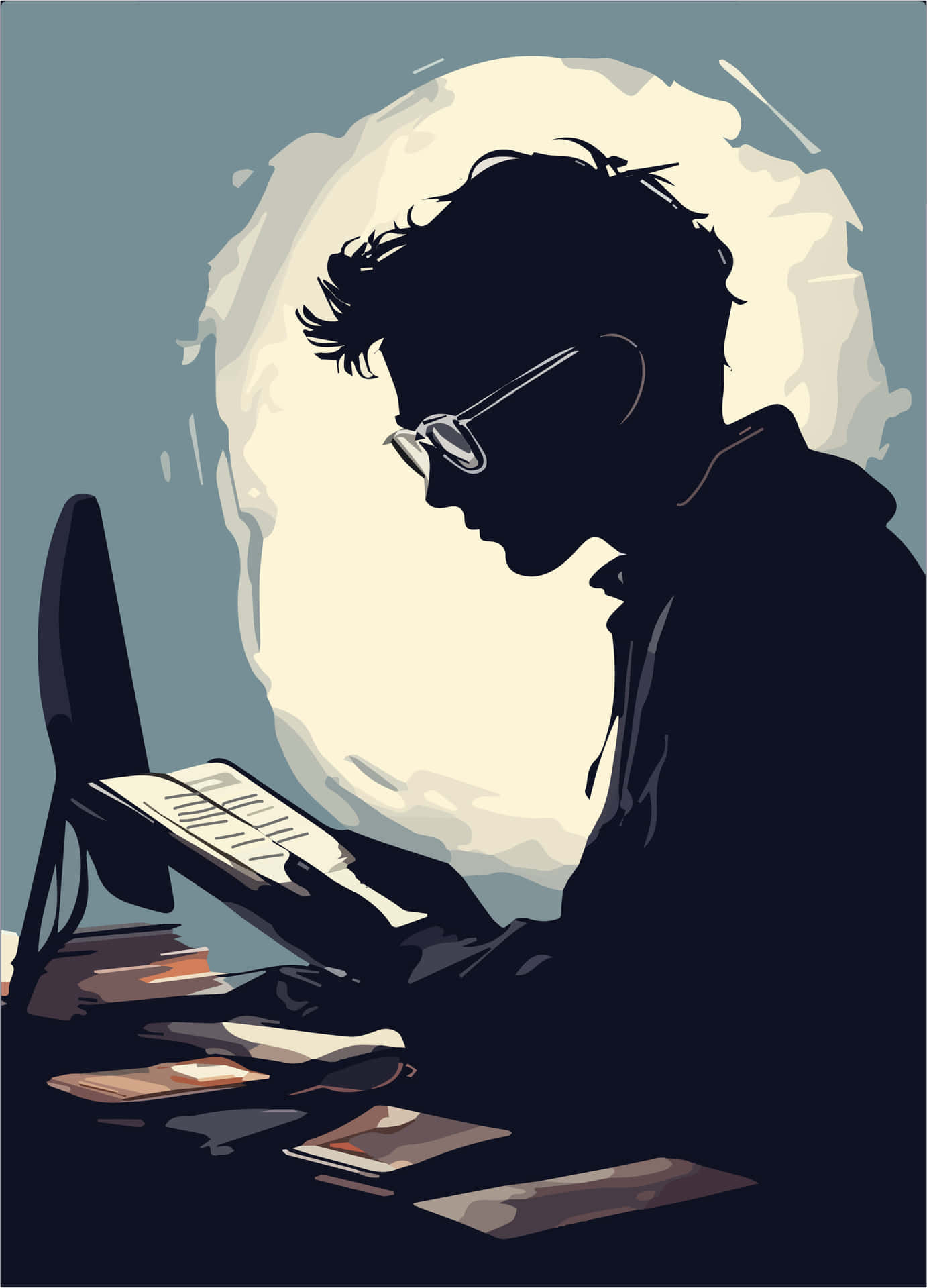 a boy reading a book |Late-Night Learning | vector 壁紙 — 一個戴眼鏡的剪影人物在柔和藍天下的巨大發光月亮下，於書桌前閱讀一本書。