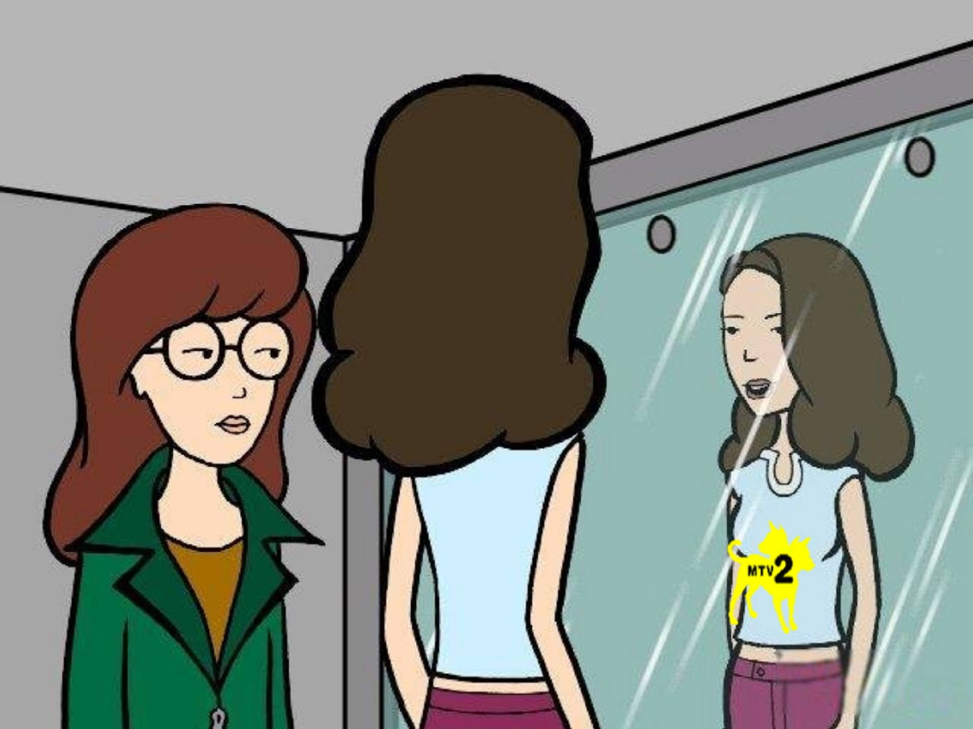 Daria 桌布 壁紙 — 一個戴眼鏡的卡通女人，穿著綠色外套和淺藍色上衣，凝視著鏡中的倒影。