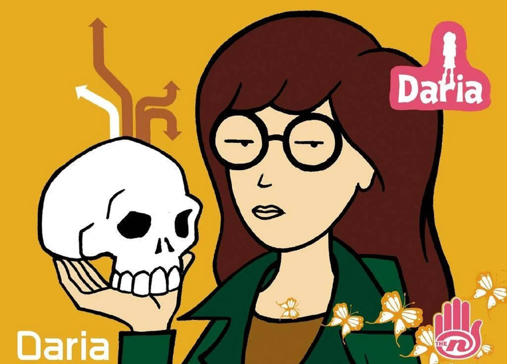 達莉亞 桌布 壁紙 — 一個戴眼鏡的卡通女孩拿著一個頭骨，蝴蝶在她周圍飛舞，背景是溫暖的黃色。