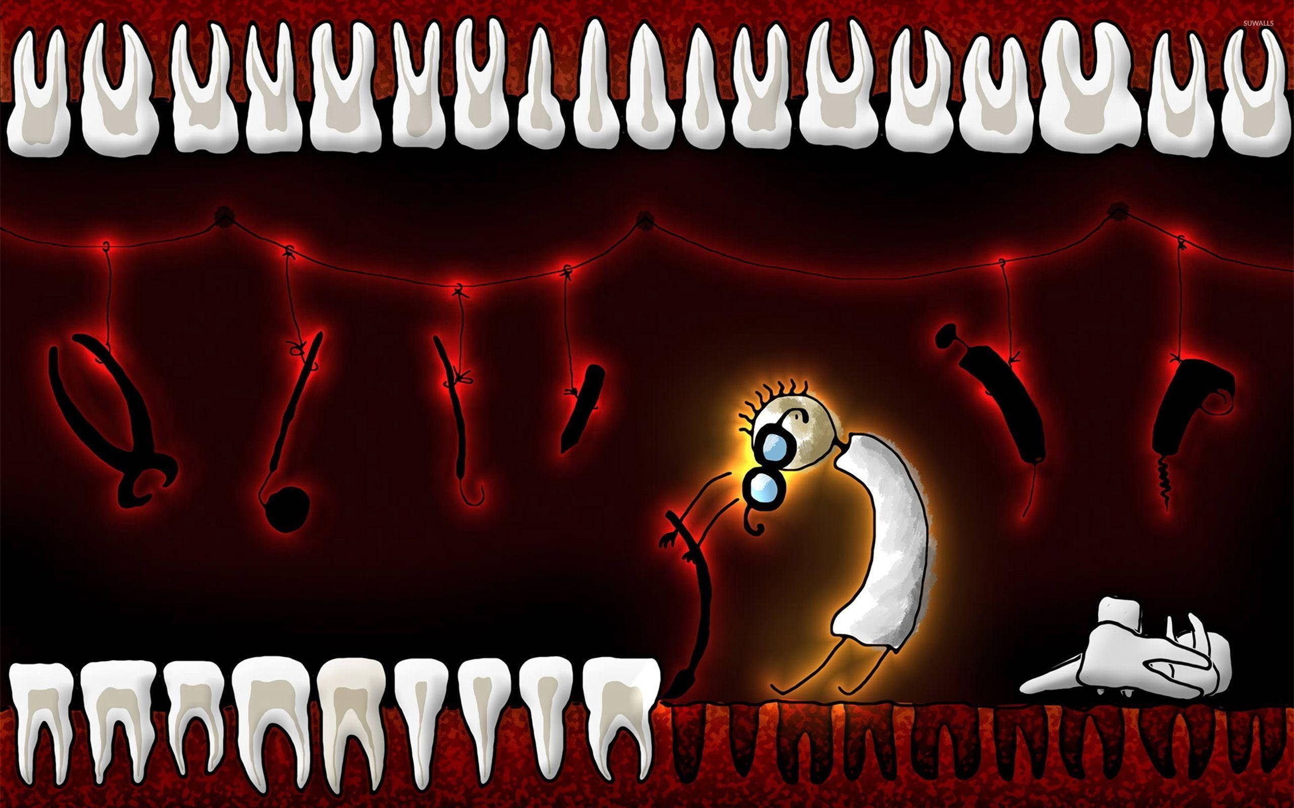 Dentistry 桌布 壁紙 — 一個戴眼鏡的卡通眼球懸浮在牙科工具和牙齒之間，背景是發光的紅色。
