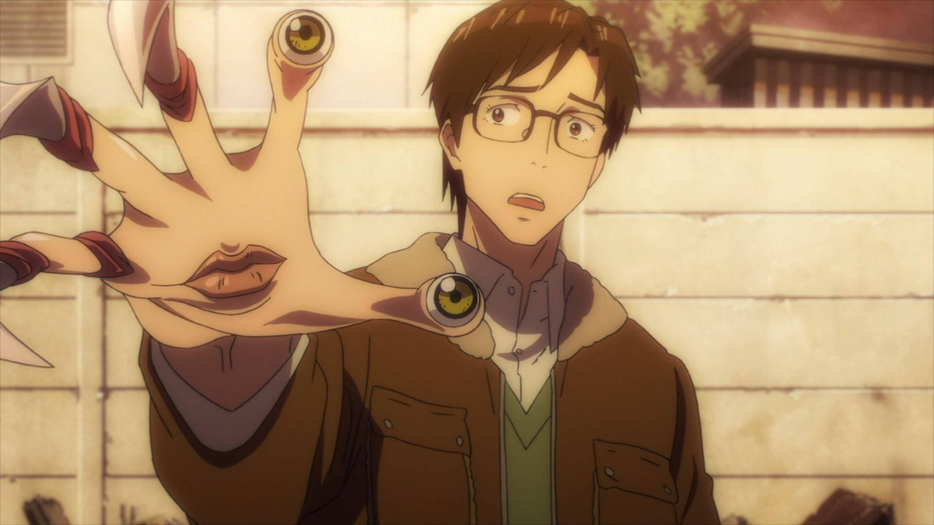 Parasyte 桌布 壁紙 — 一個戴眼鏡的受驚動漫男孩，面對一隻手指上有眼睛和嘴唇的怪誕手，背景是陽光照射的牆壁。