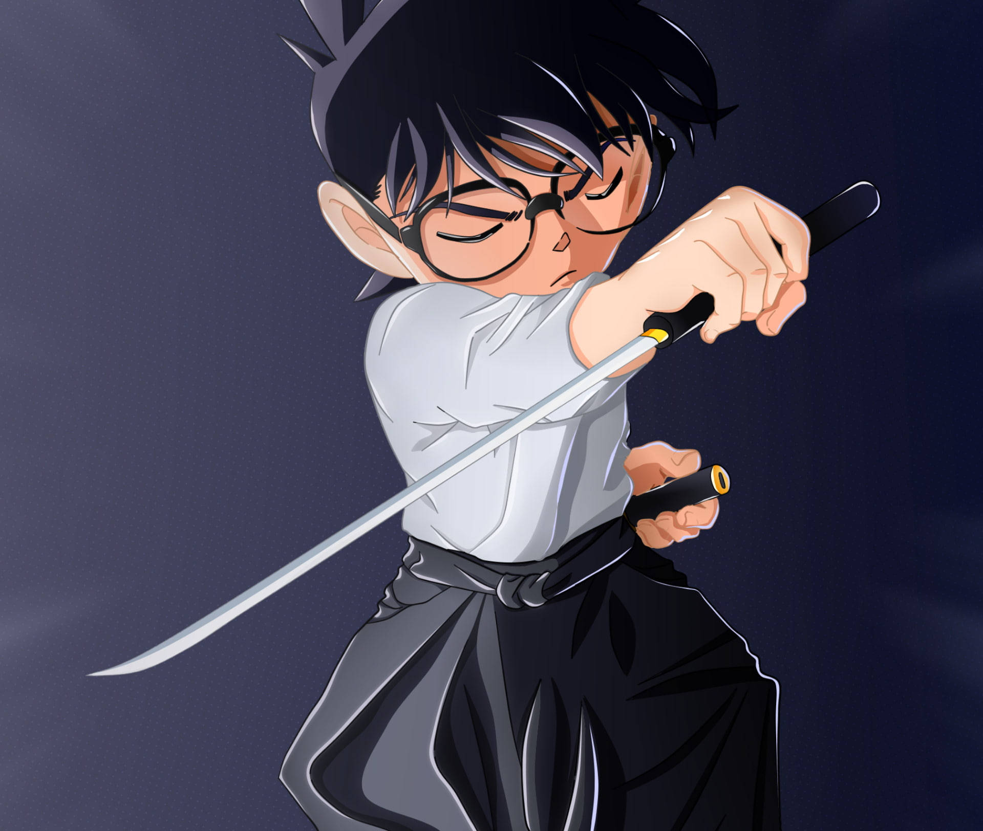 conan 桌布 壁紙 — 一個戴眼鏡的堅定動漫男孩，雙手握劍，背景為深藍色。