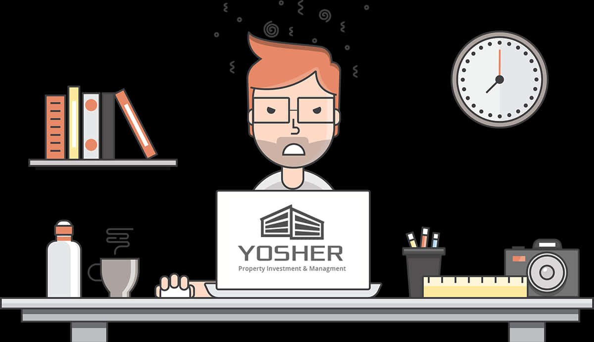 Worker 桌布 壁紙 — 一個戴眼鏡的壓力大卡通男人盯著顯示「YOSHER Property Investment & Management」的筆記型電腦，周圍是辦公室雜亂和顯示深夜的時鐘。