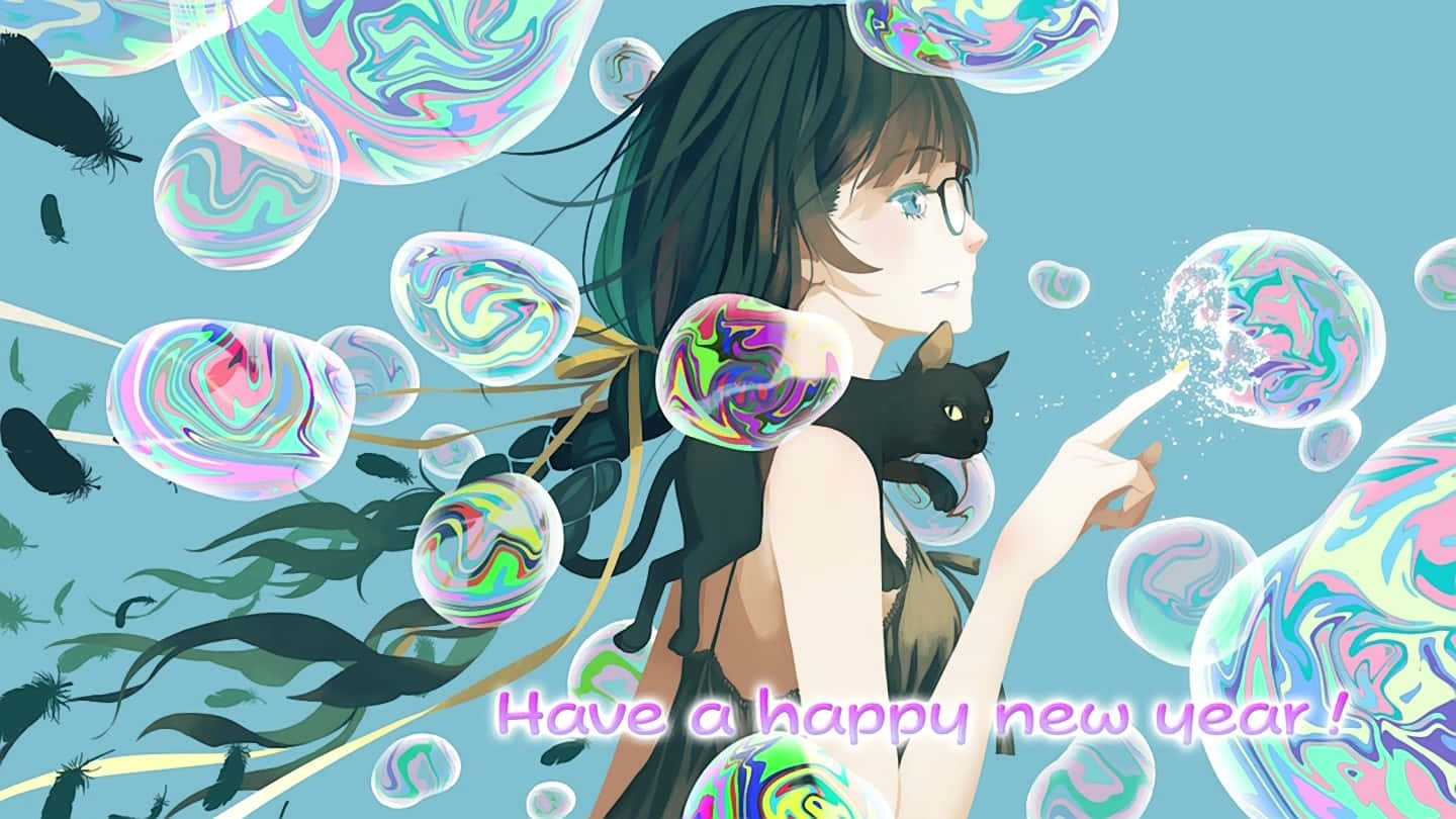 Bubbles 桌布 壁紙 — 一個戴眼鏡的女孩和一隻黑貓在柔和的藍天和漂浮的羽毛中輕輕戳破彩虹色的泡泡。