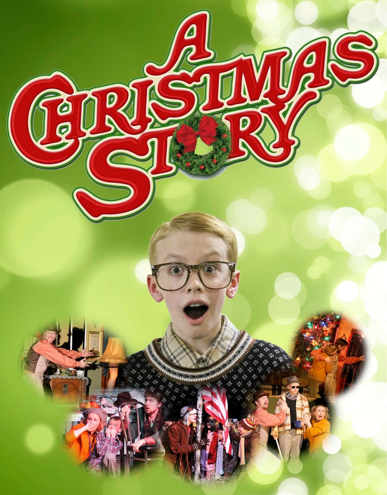 a christmas story 桌布 壁紙 — 一個戴眼鏡的小男孩震驚地凝視著觀眾，周圍是節日場景和電影標題「A Christmas Story」，以粗體紅色字母呈現。