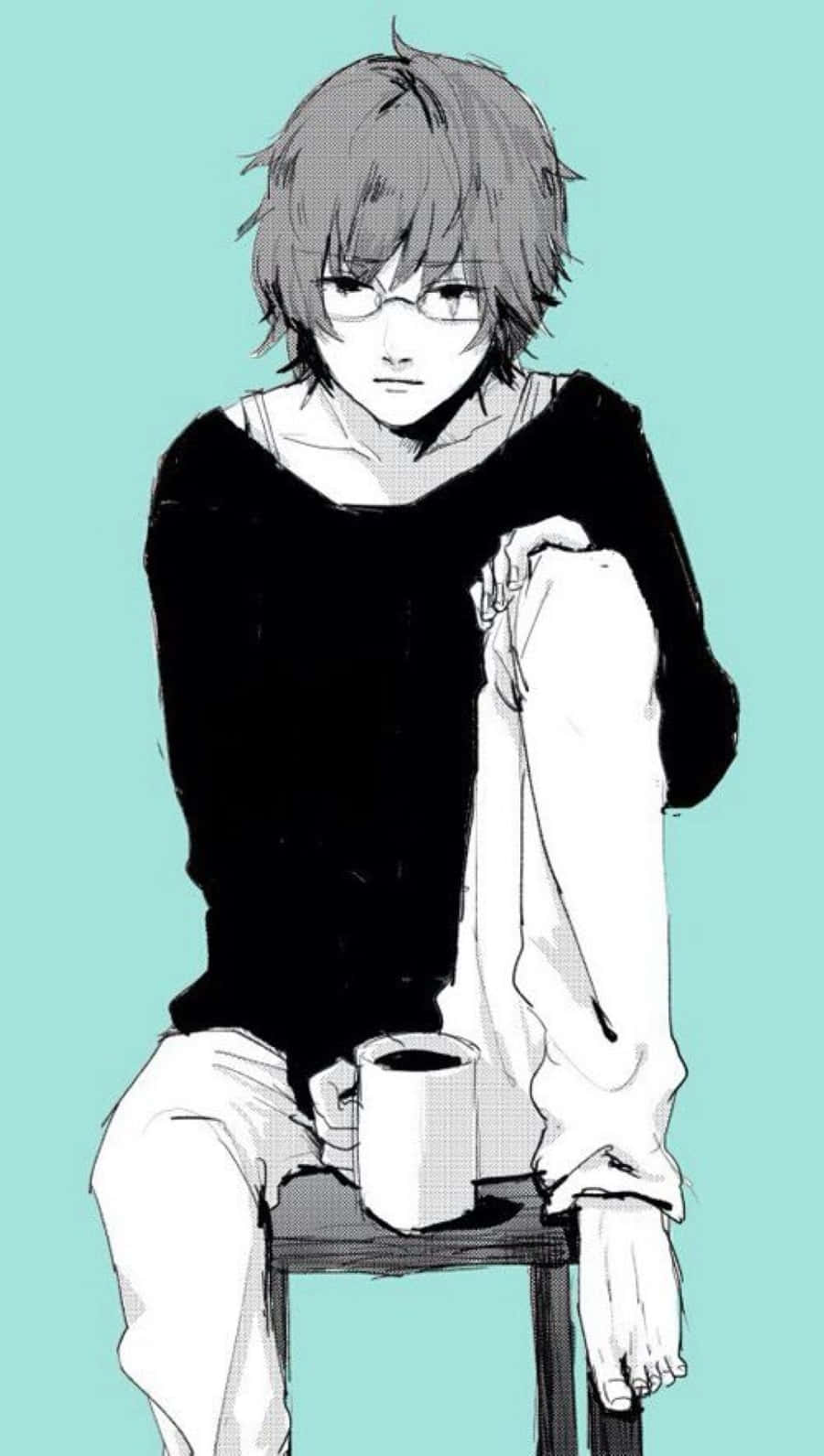 Nishiki Nishio 桌布 壁紙 — 一個戴眼鏡的年輕動漫男孩坐在凳子上，拿著馬克杯，背景是青綠色。