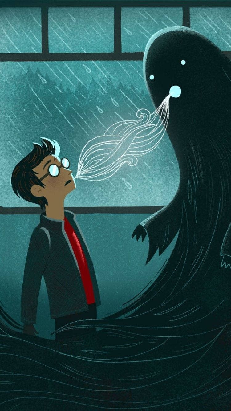一個戴眼鏡的男孩在一個下雨的房間裡向一個鬼魂呼氣。 — 哈利波特 iPhone 桌布 壁紙