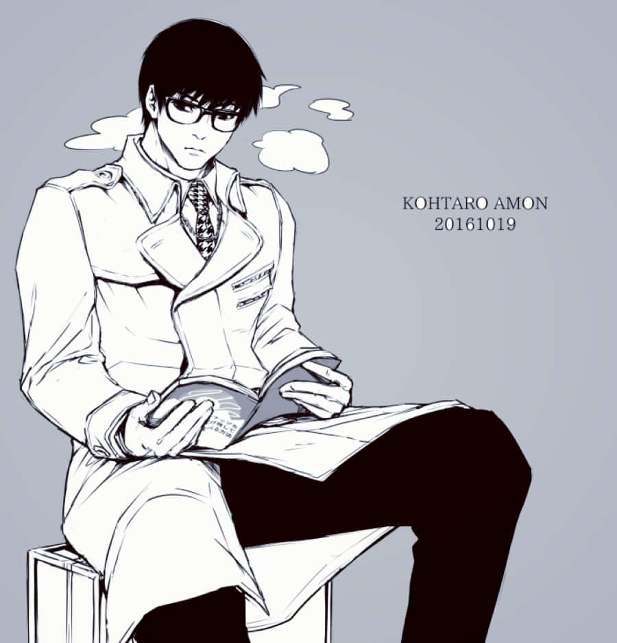 Koutarou Amon 桌布 壁紙 — 一個戴眼鏡的年輕男子沉思地坐著看書，頭頂有雲朵漂浮在柔和的灰色背景上。