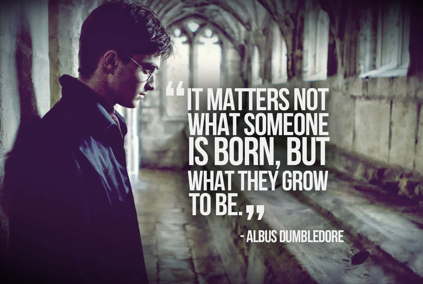 Harry Potter Quotes 桌布 壁紙 — 一個戴眼鏡的年輕男子莊嚴地站在昏暗的石頭走廊中，阿不思·鄧不利多的名言以粗體白色文字出現。