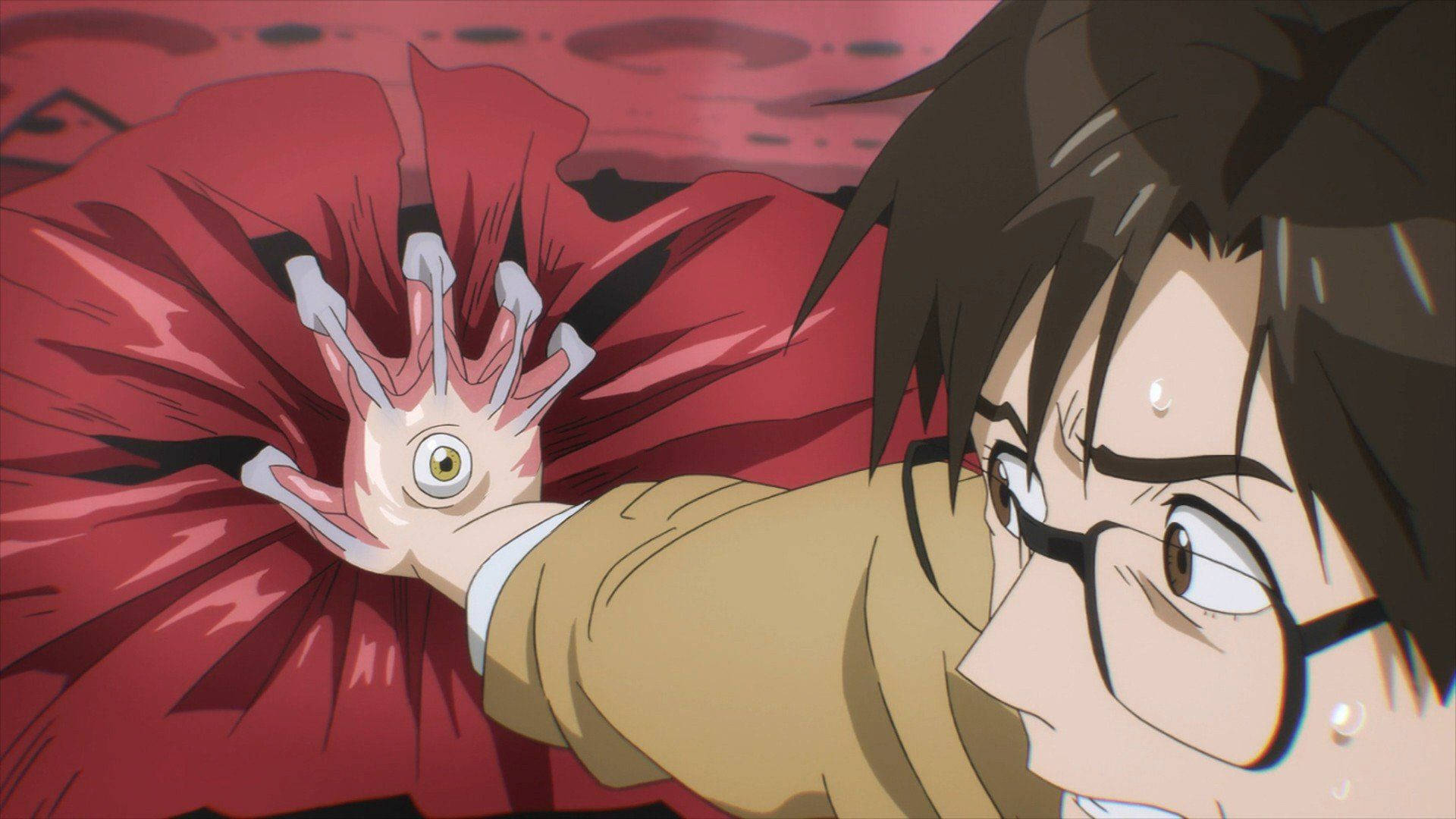 Parasyte 桌布 壁紙 — 一個戴眼鏡的年輕男子震驚地凝視著，他的手變成了一朵怪誕的紅色花朵，中心有一隻眼睛。