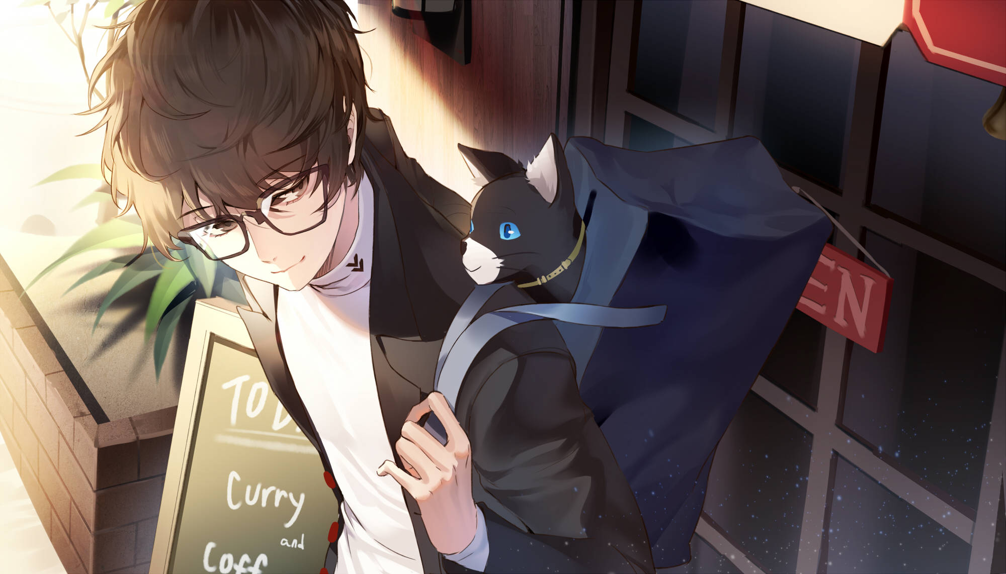 ren amamiya 桌布 壁紙 — 一個戴眼鏡的微笑動畫男孩在咖啡店招牌附近，穿著深色外套抱著一隻藍眼黑貓。