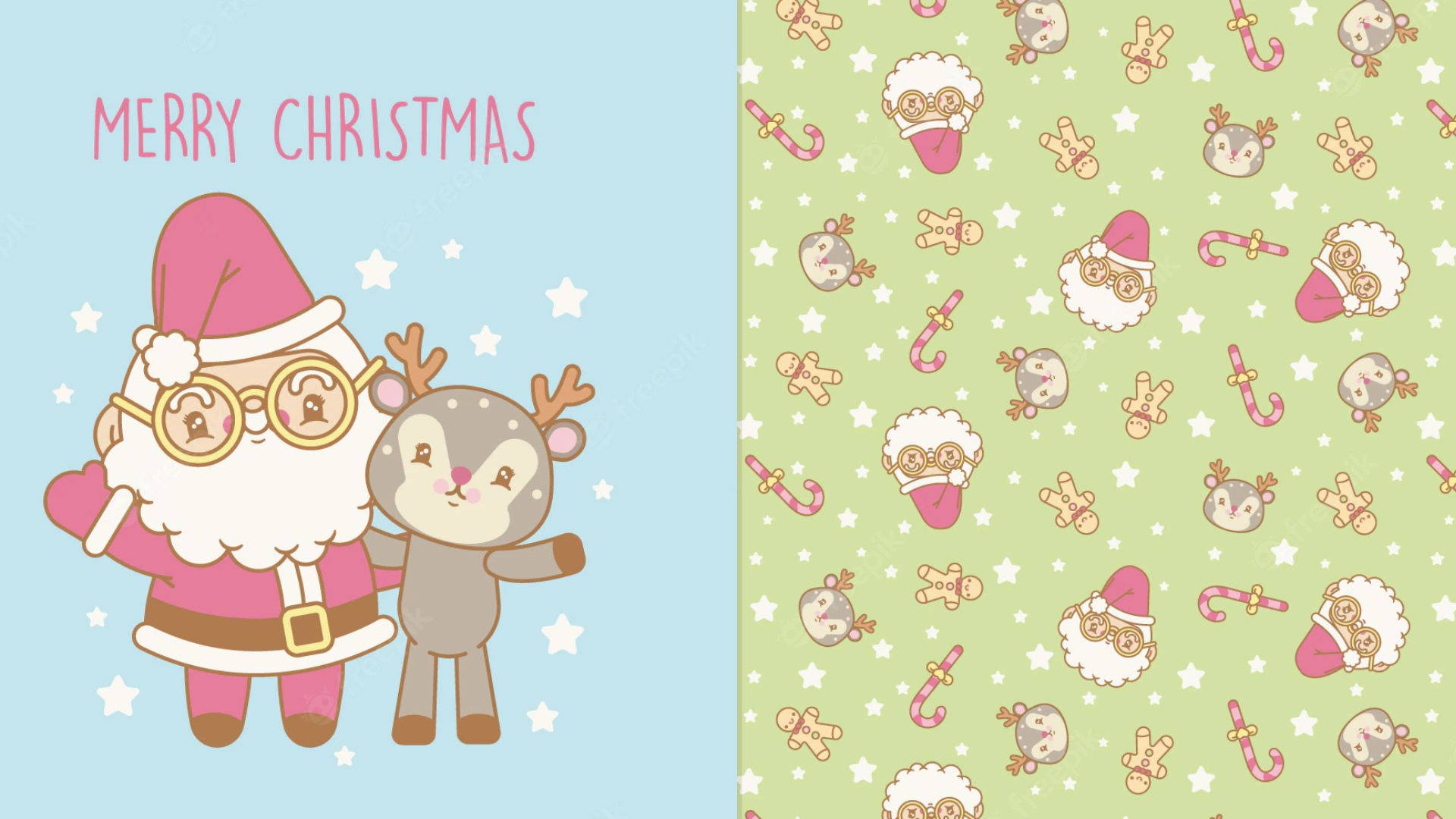Kawaii Christmas 桌布 壁紙 — 一個戴眼鏡的快樂卡通聖誕老人和馴鹿站在淺綠色背景上，旁邊是重複的節日角色圖案。