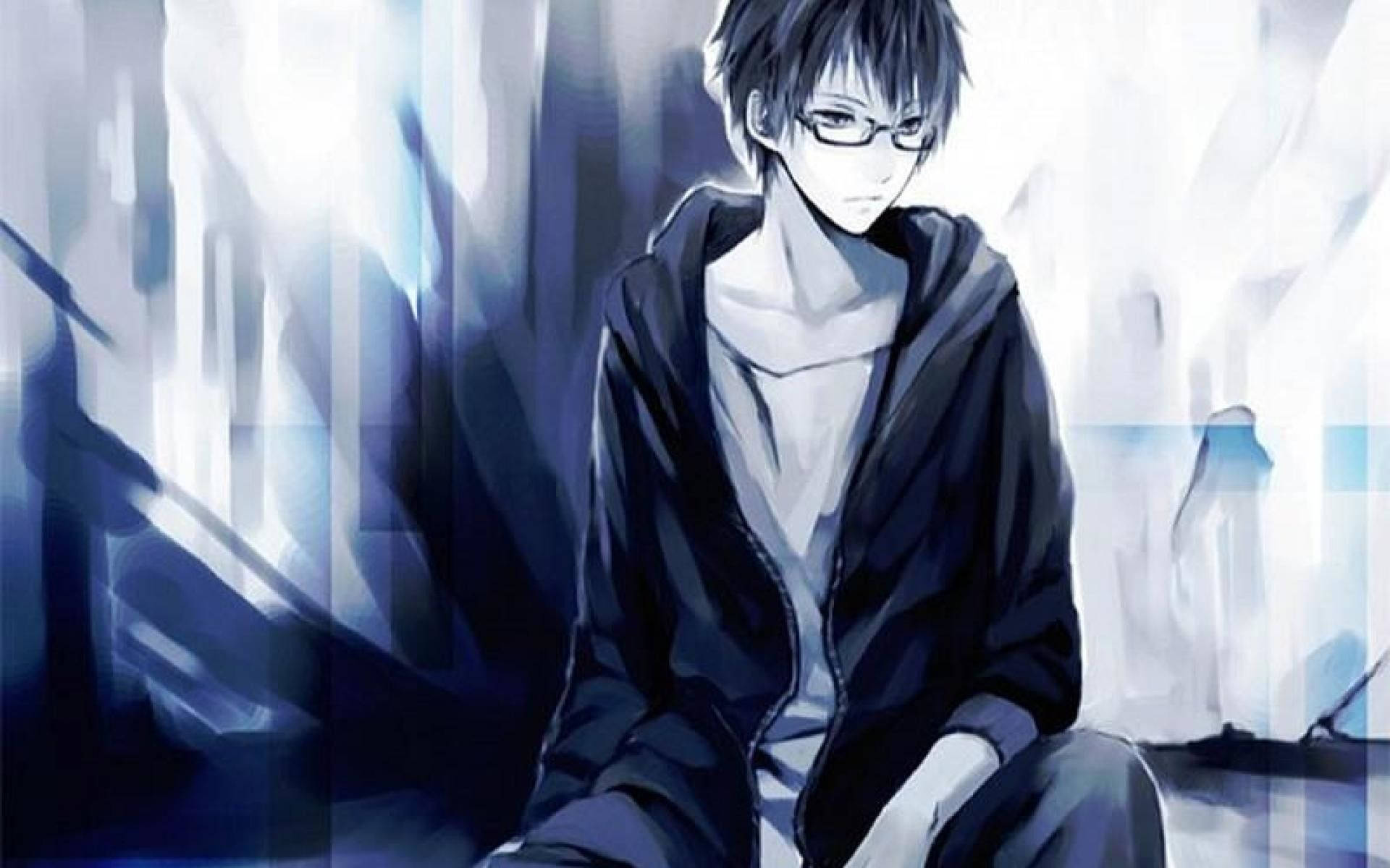 Anime Blue Boy 桌布 壁紙 — 一個戴眼鏡的憂鬱動漫男孩獨自坐在清涼的藍色抽象空間中，連帽衫披在肩上。