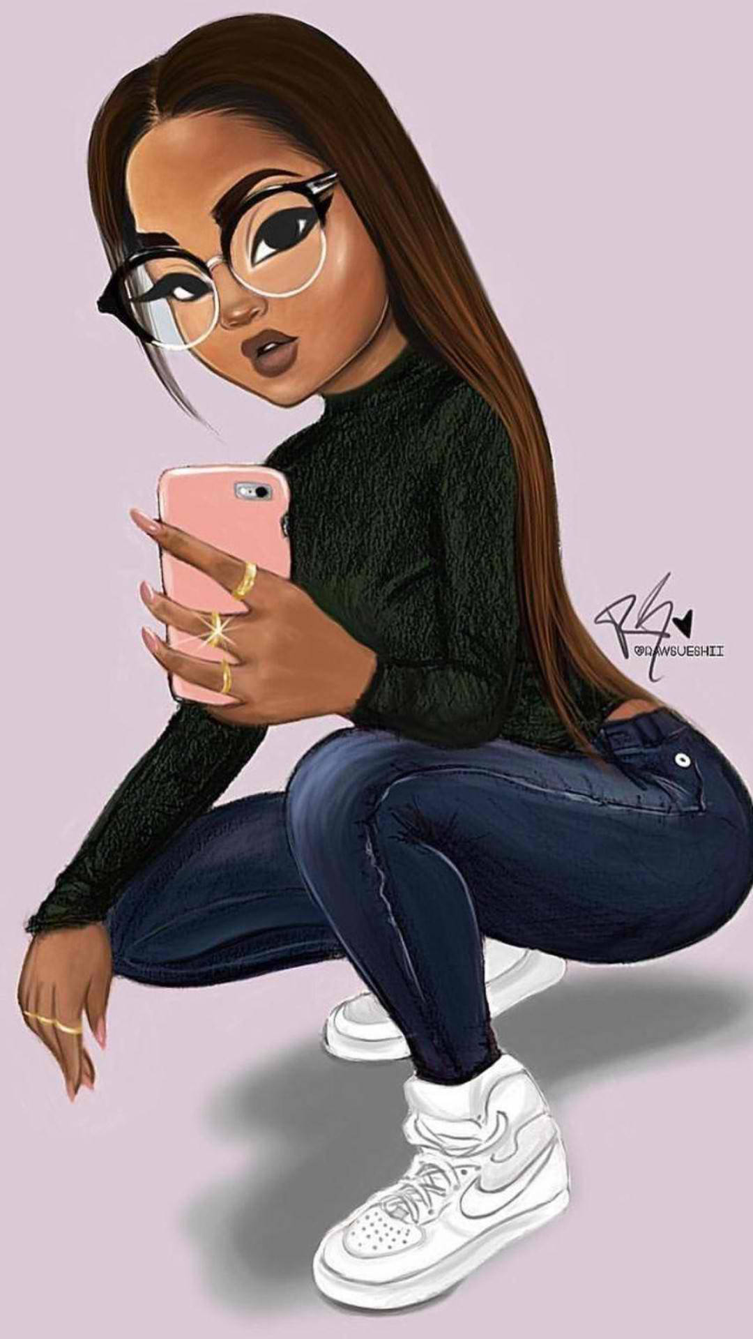 Black Girl 桌布 壁紙 — 一個戴眼鏡的時尚卡通女孩蹲著，在柔和的薰衣草背景前拿著粉紅色手機。