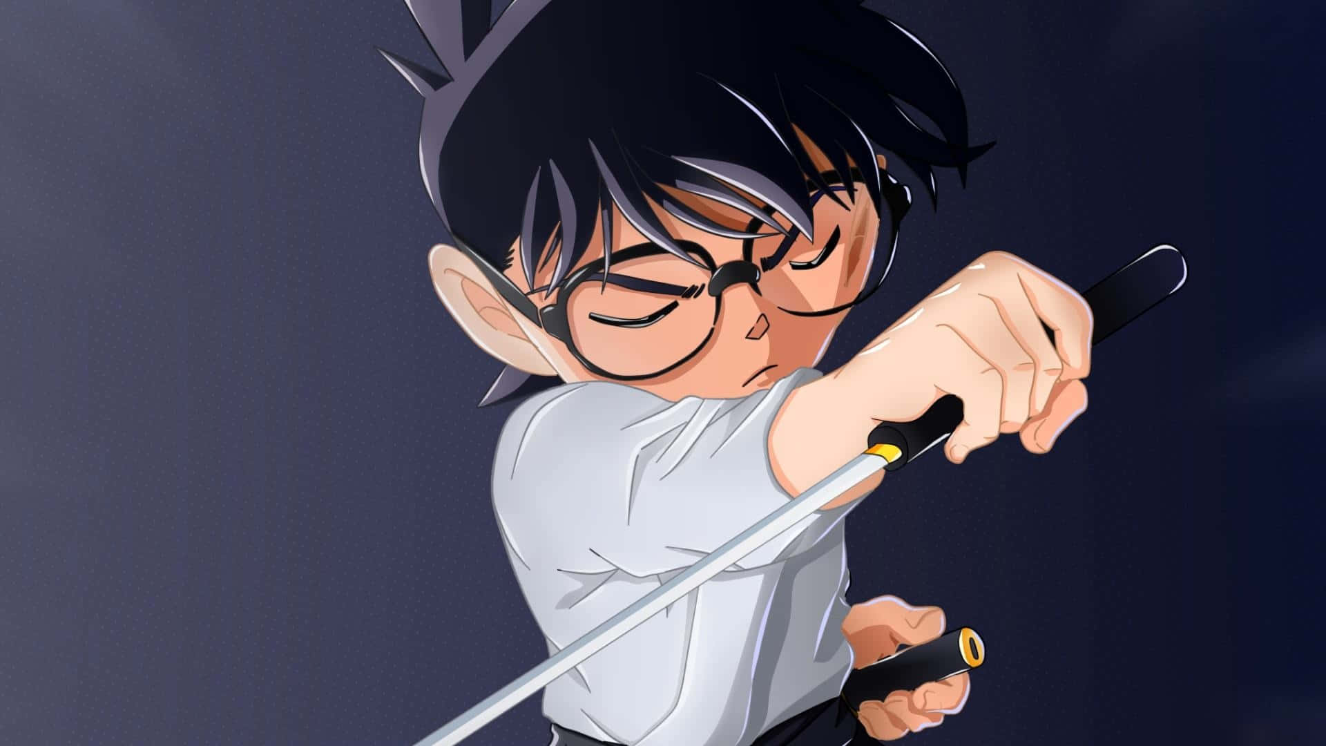 Detective Conan 桌布 壁紙 — 一個戴眼鏡的決心動畫男孩在深藍色背景下緊緊握住劍。