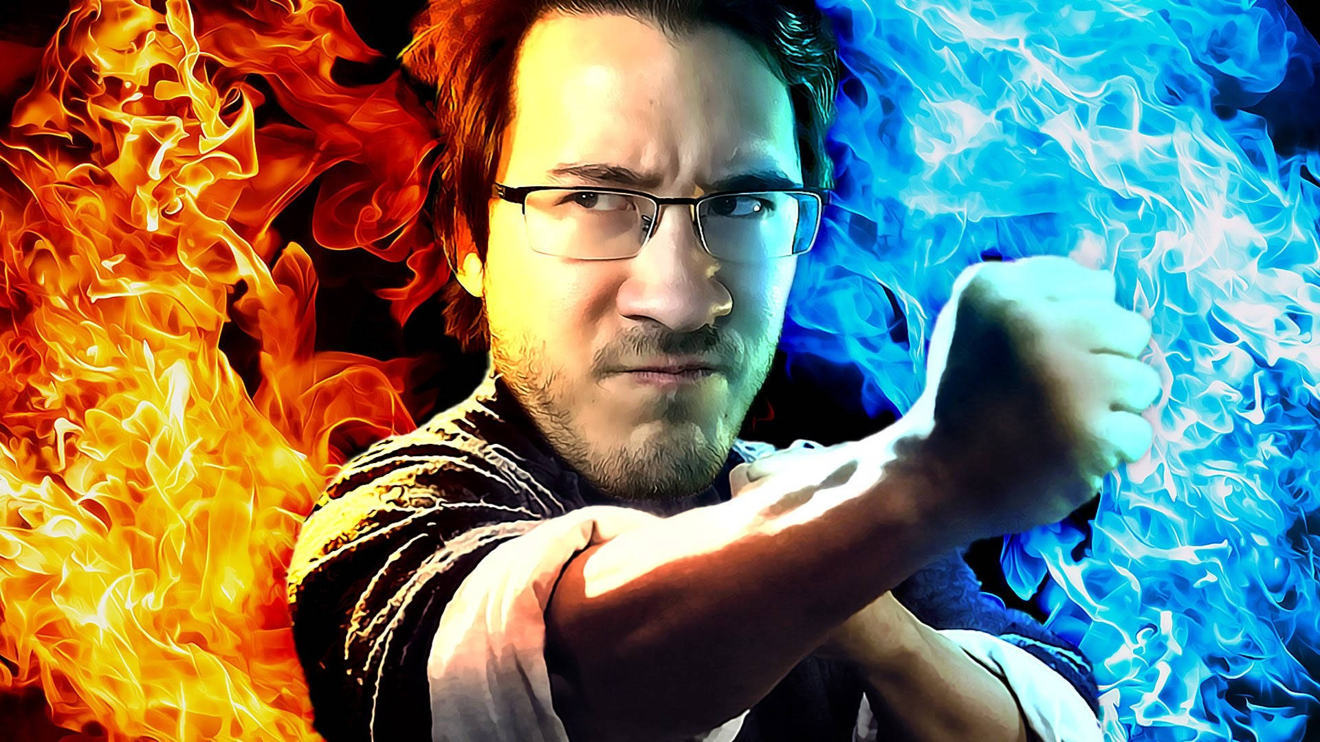 Markiplier 桌布 壁紙 — 一個戴眼鏡的男人向前揮拳，左邊噴出熾熱的橙色火焰，右邊噴出冰冷的藍色火焰。