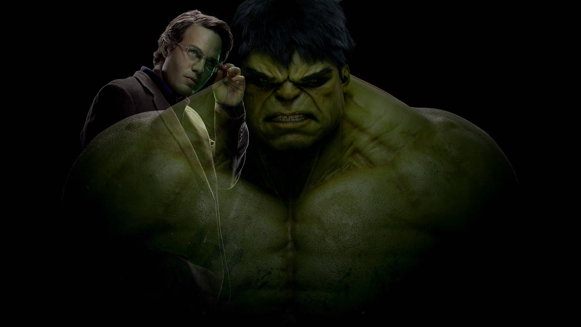 Mark Ruffalo 桌布 壁紙 — 一個戴眼鏡的男人站在一個巨大的綠色肌肉浩克後面，背景黑暗。