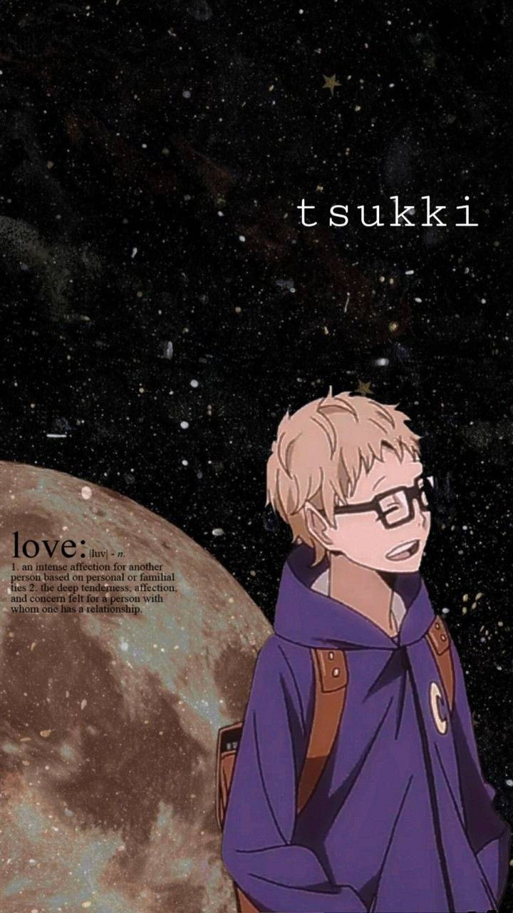 kei tsukishima 桌布 壁紙 — 一個戴眼鏡的金髮動漫男孩，穿著紫色連帽衫，站在星空宇宙背景前，背景有大月亮和文字疊加。